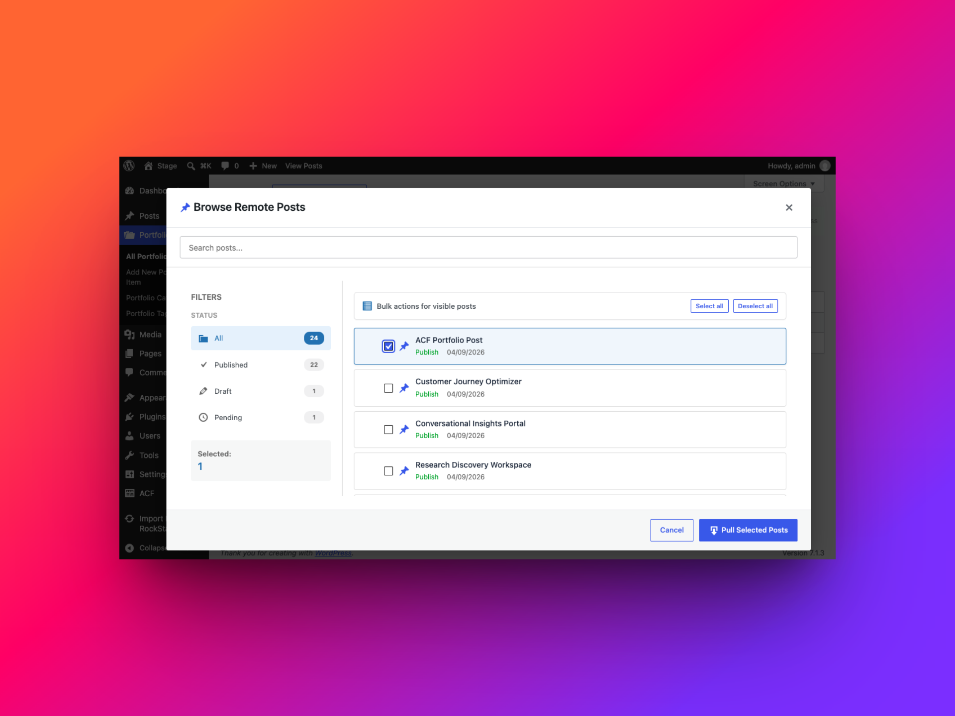 A remote Portfolio post selected in Browse Remote Posts, ready to pull to Stage
