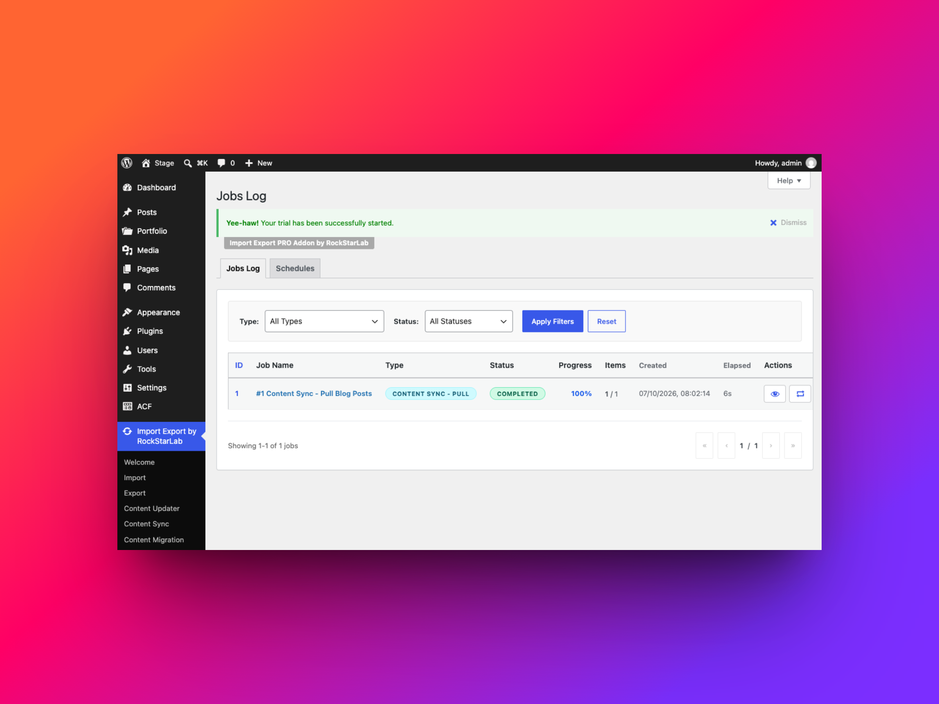 Stage Jobs Log showing a completed Content Sync Pull job with one of one items processed
