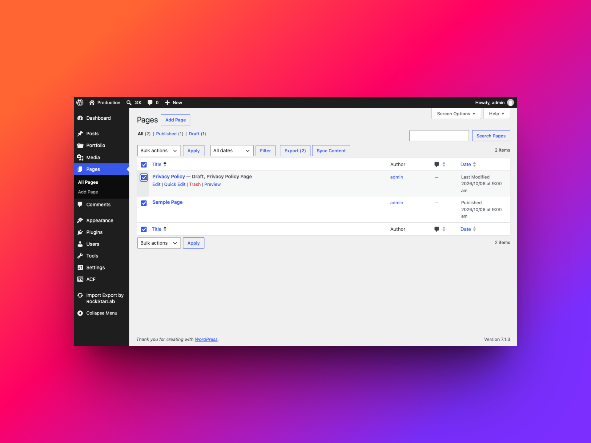 Two pages selected in the WordPress Pages list with the Sync Content button available