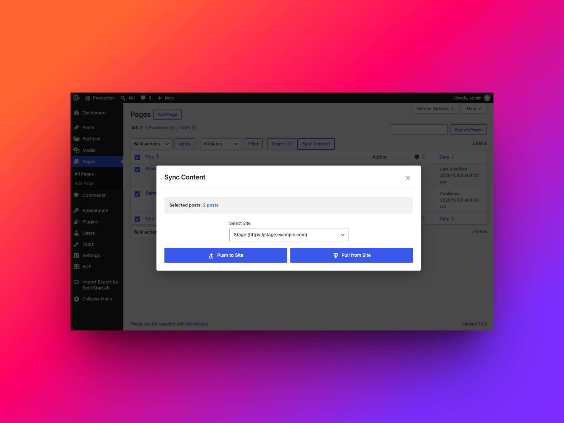 Bulk Sync Content dialog showing two selected pages and Stage selected as the destination