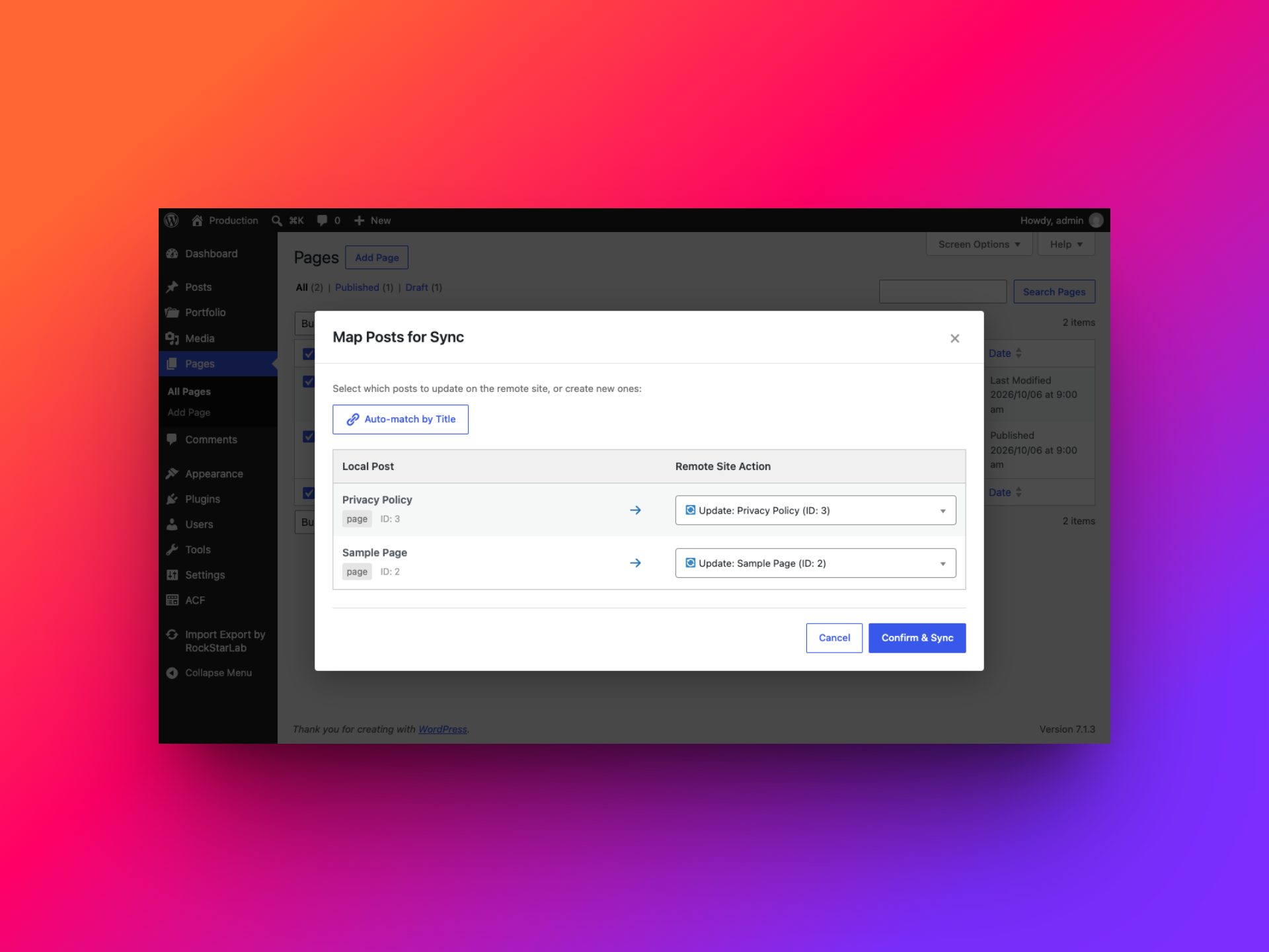 Bulk mapping dialog with two page rows matched to existing pages on Stage