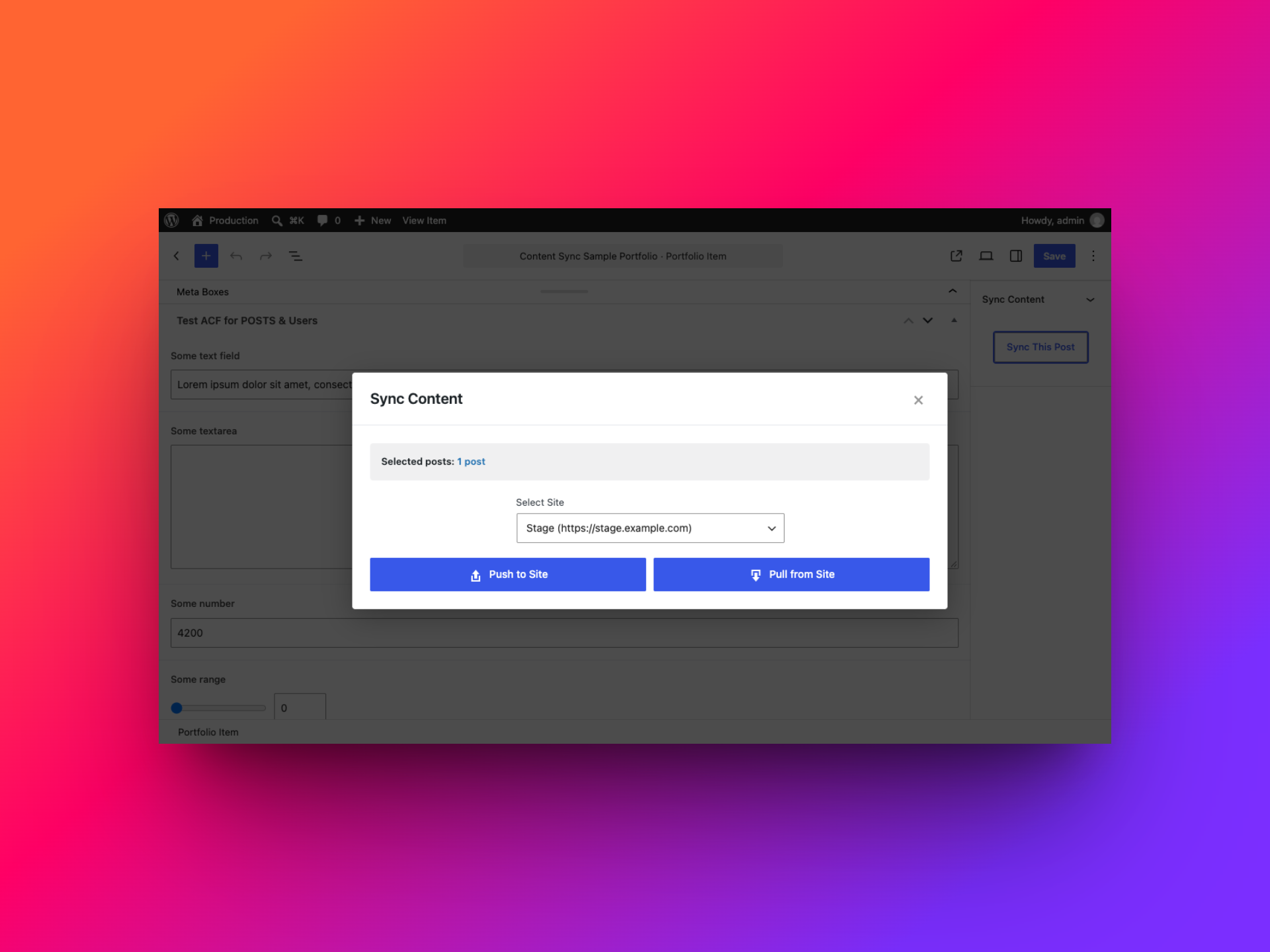 Single-post sync dialog with Stage selected and Push to Site and Pull from Site options