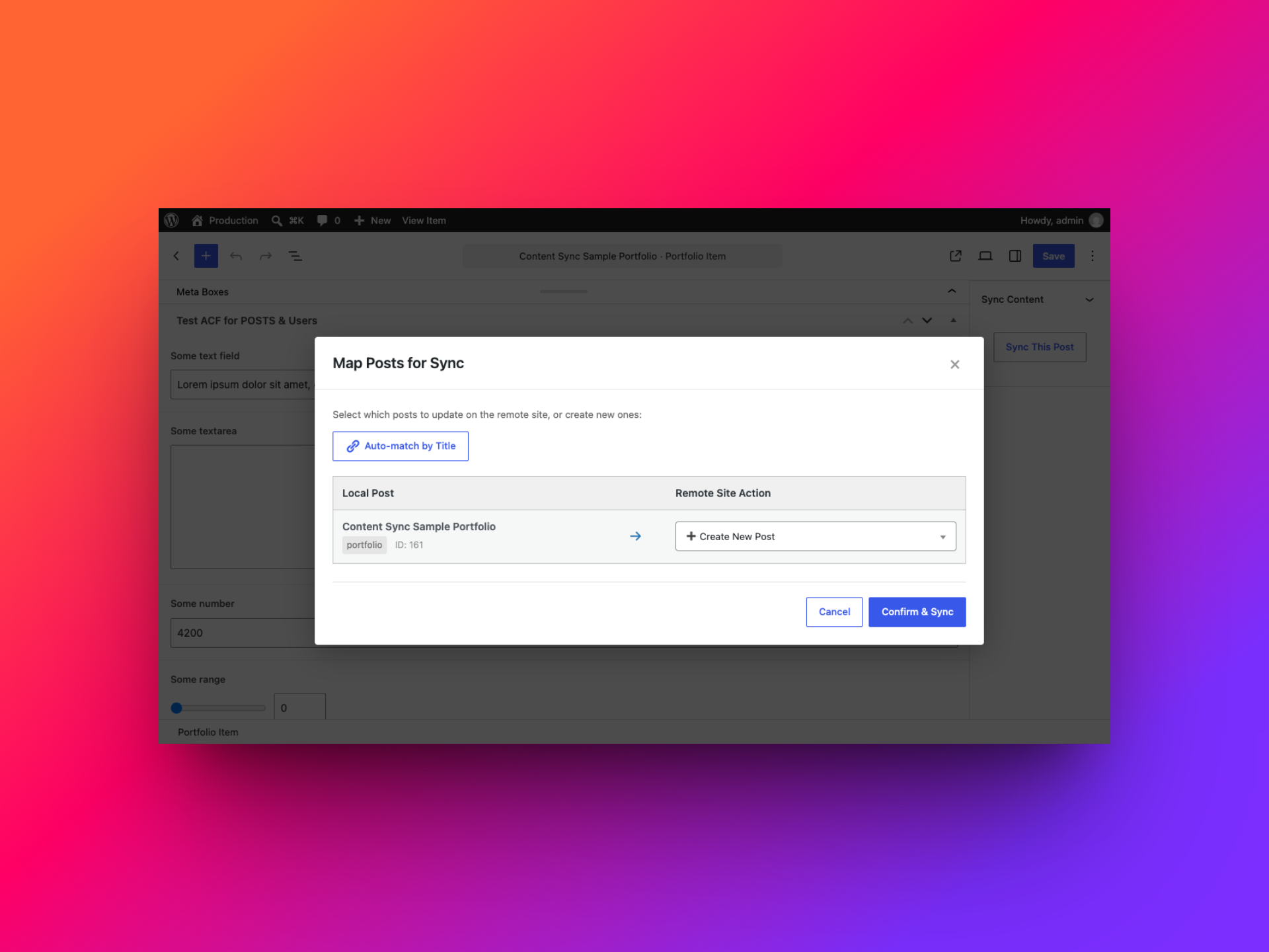 Map Posts for Sync showing Create New Post for a Portfolio item with no existing match