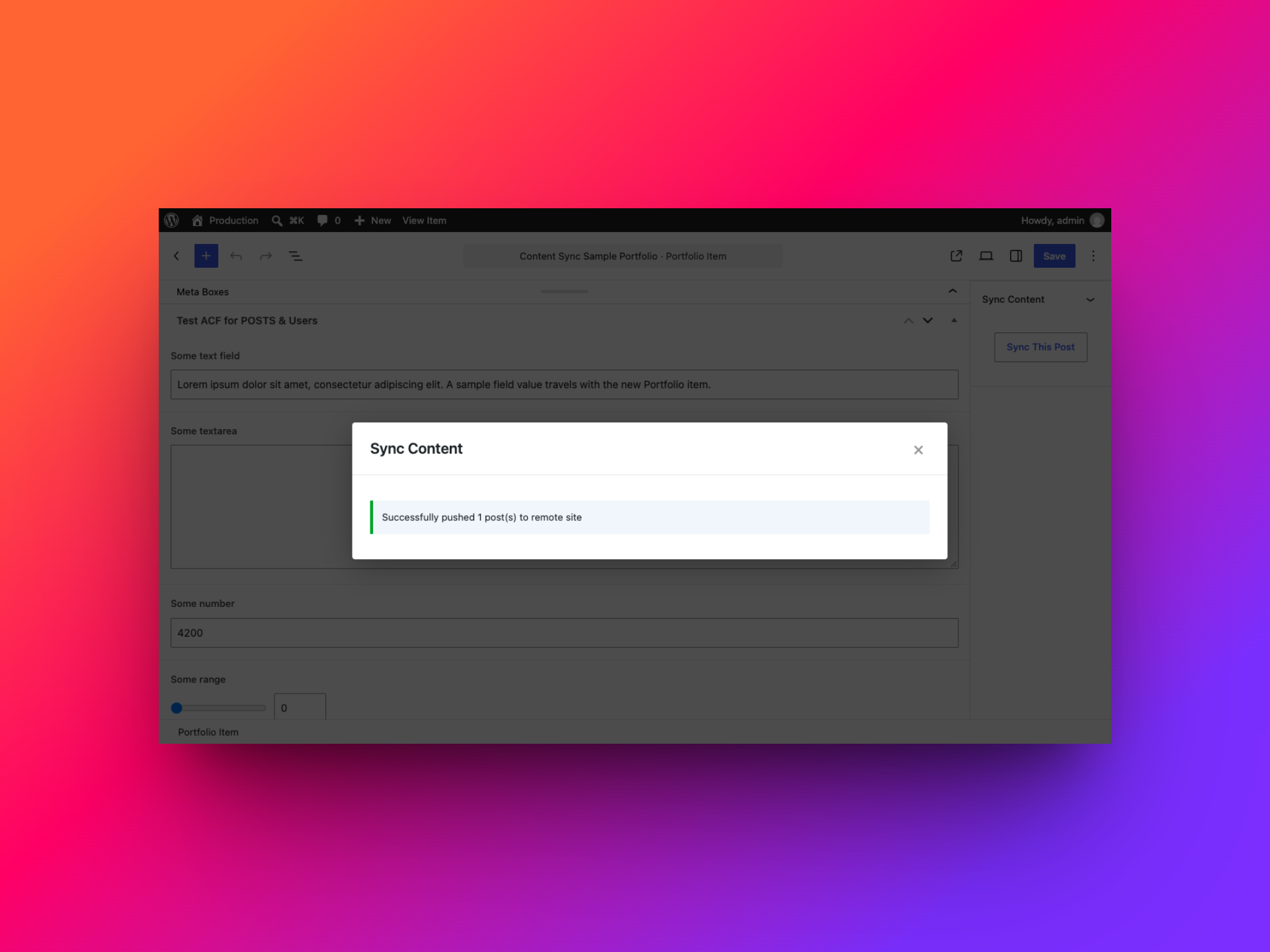 Content Sync confirmation reporting that one post was successfully pushed to the remote site