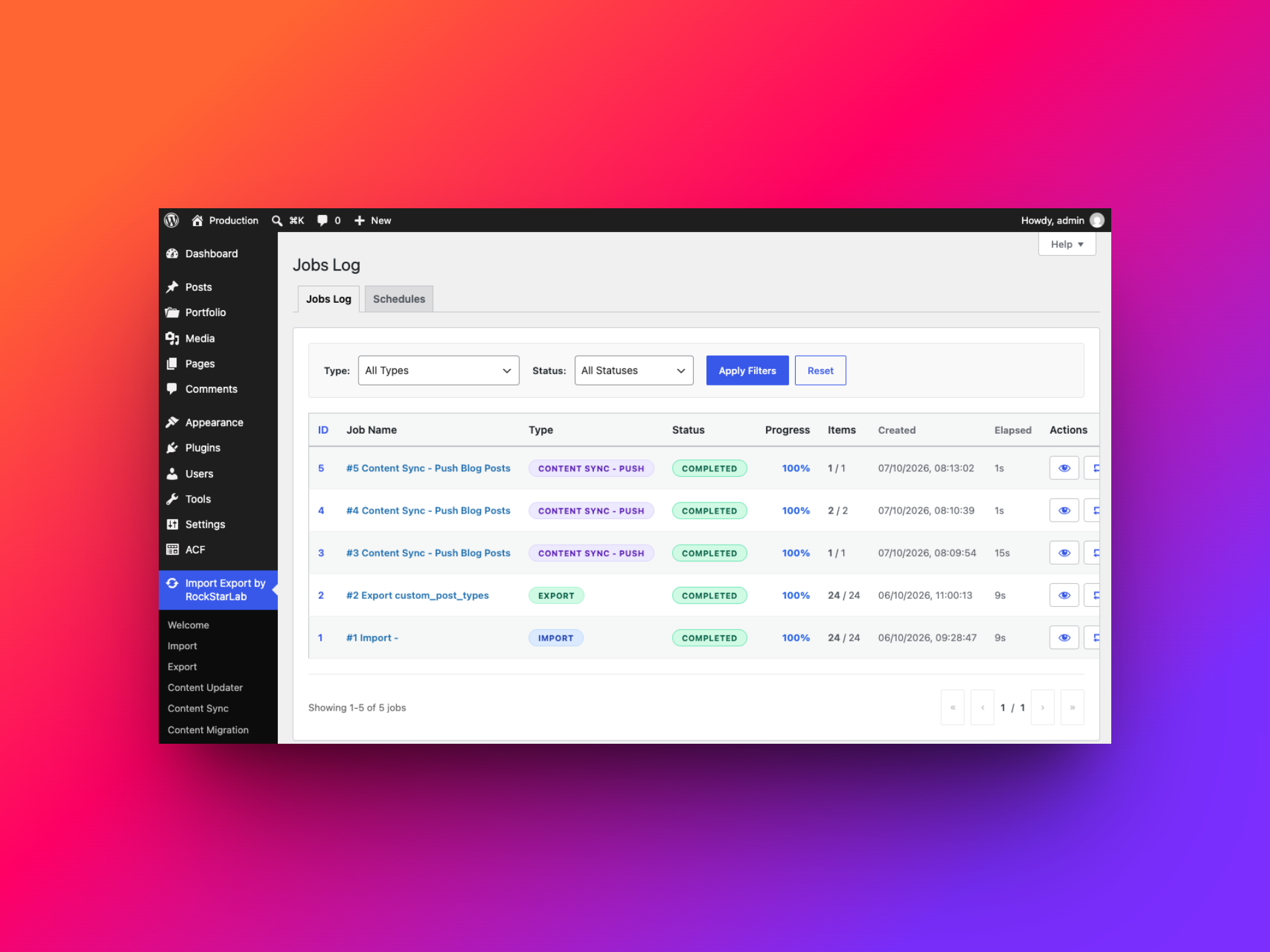 Production Jobs Log showing completed Content Sync push jobs for one post, two pages, and one post