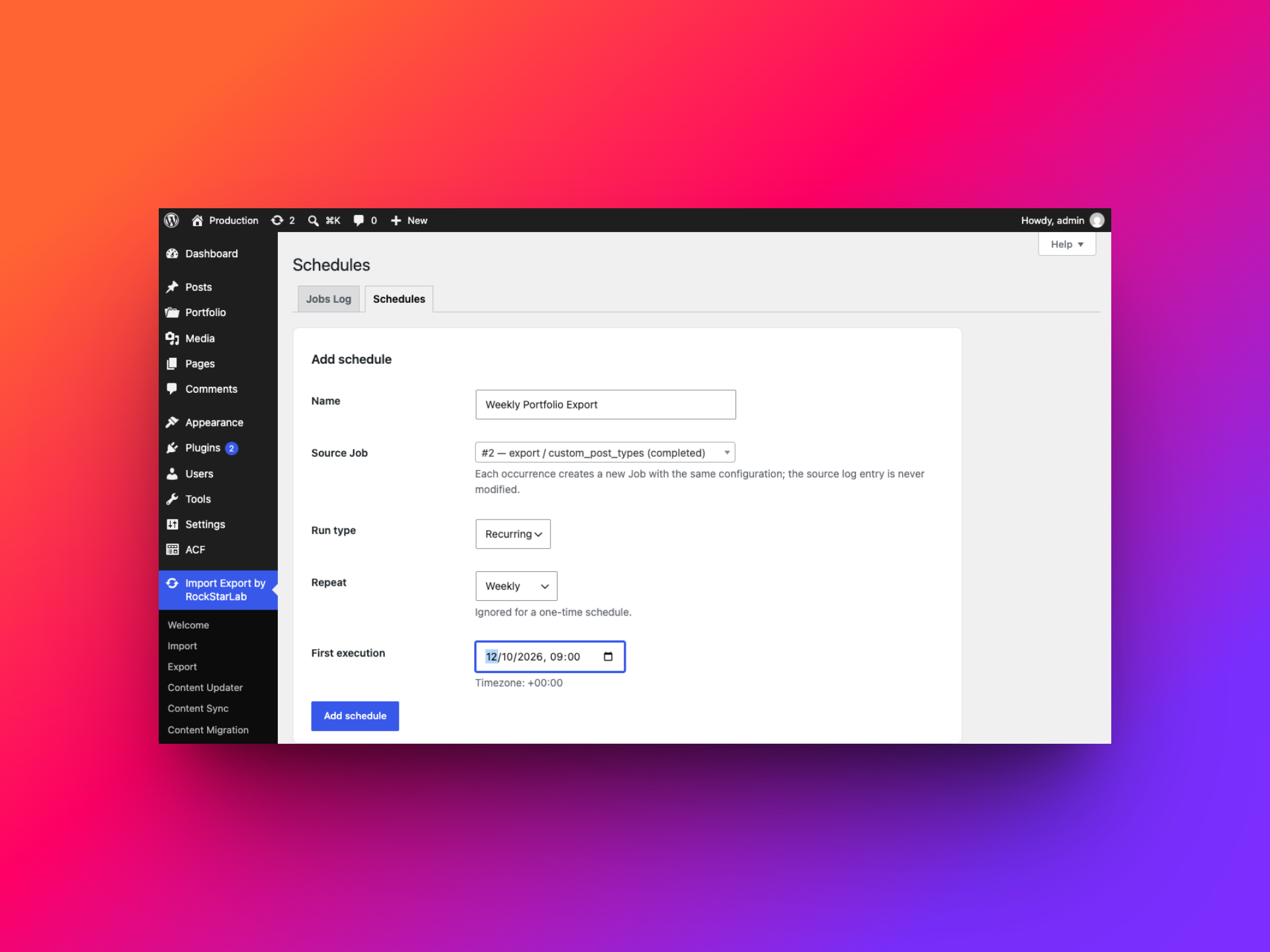 Schedules form configured for a recurring weekly Portfolio export with a selected completed export job
