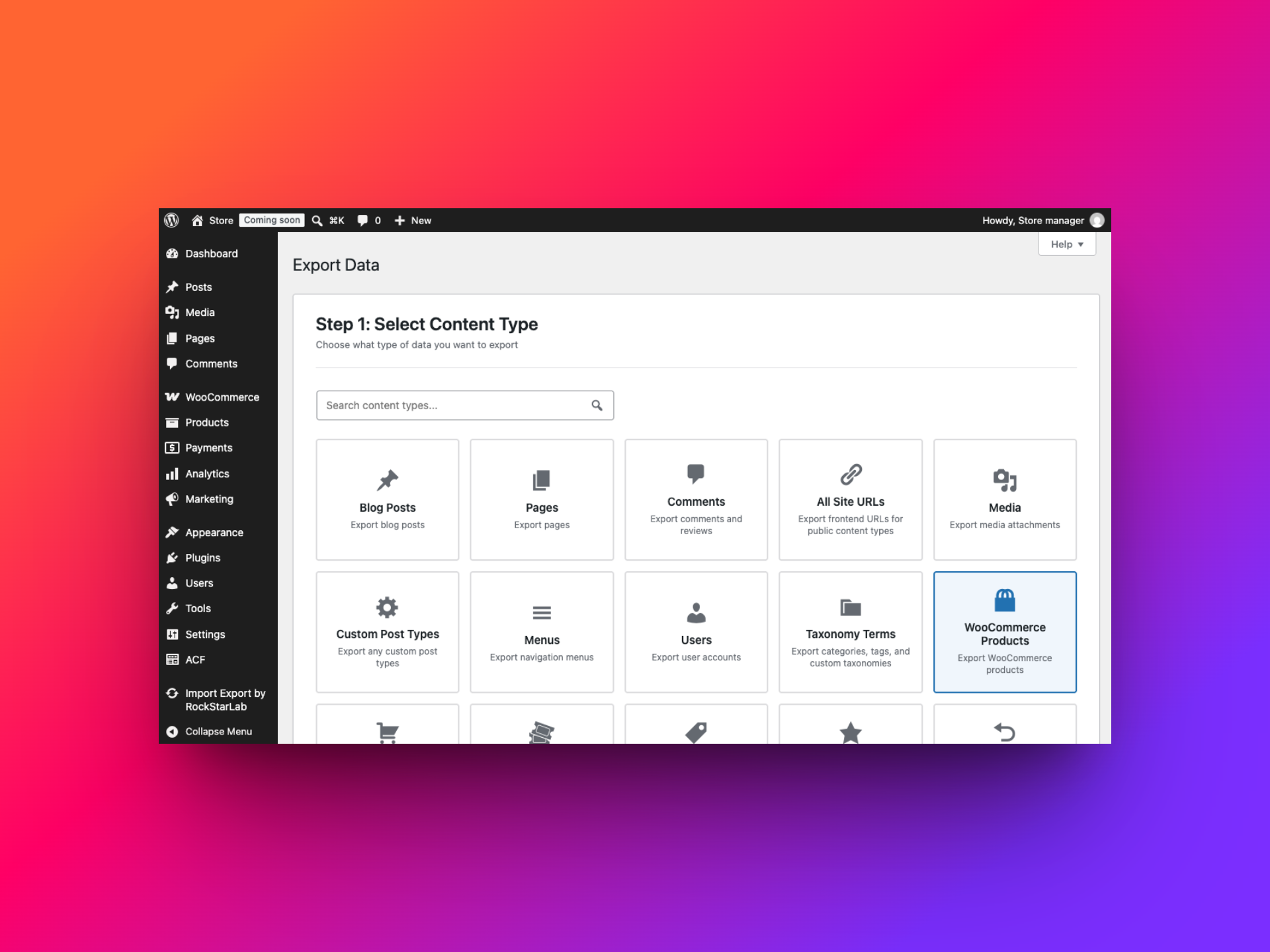 The export wizard with WooCommerce Products selected as the content type
