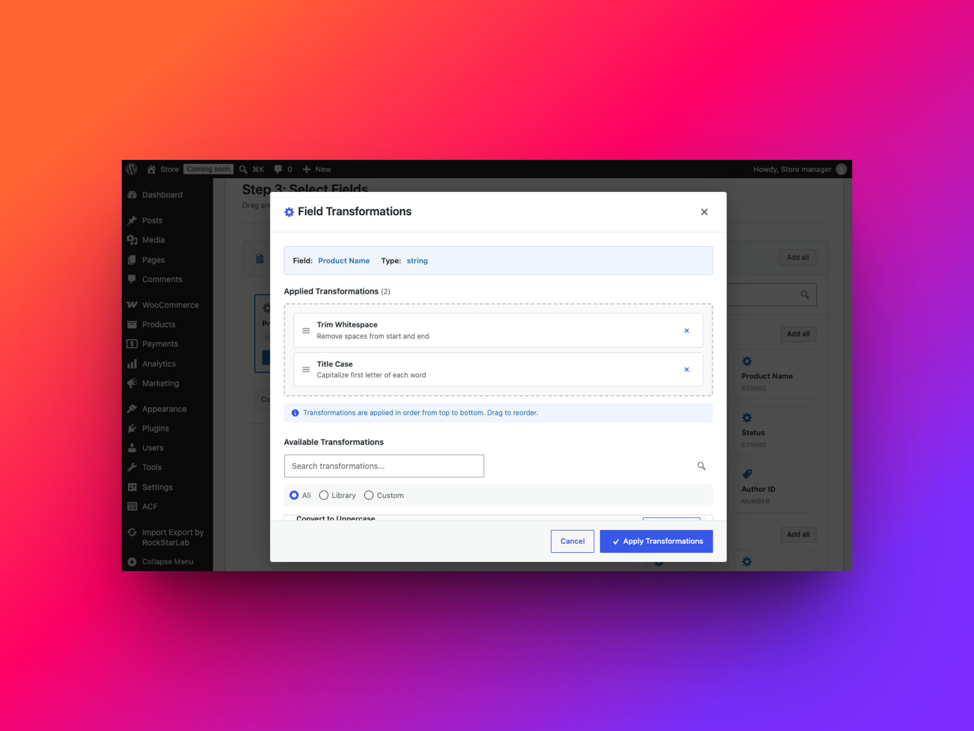 Product Name field transformation pipeline with Trim Whitespace followed by Title Case