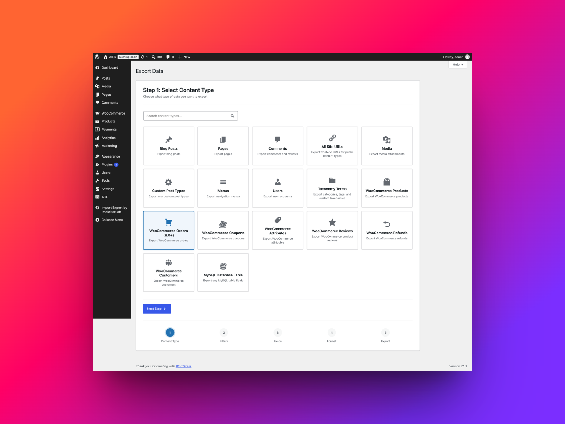 The export wizard with WooCommerce Orders selected as the content type