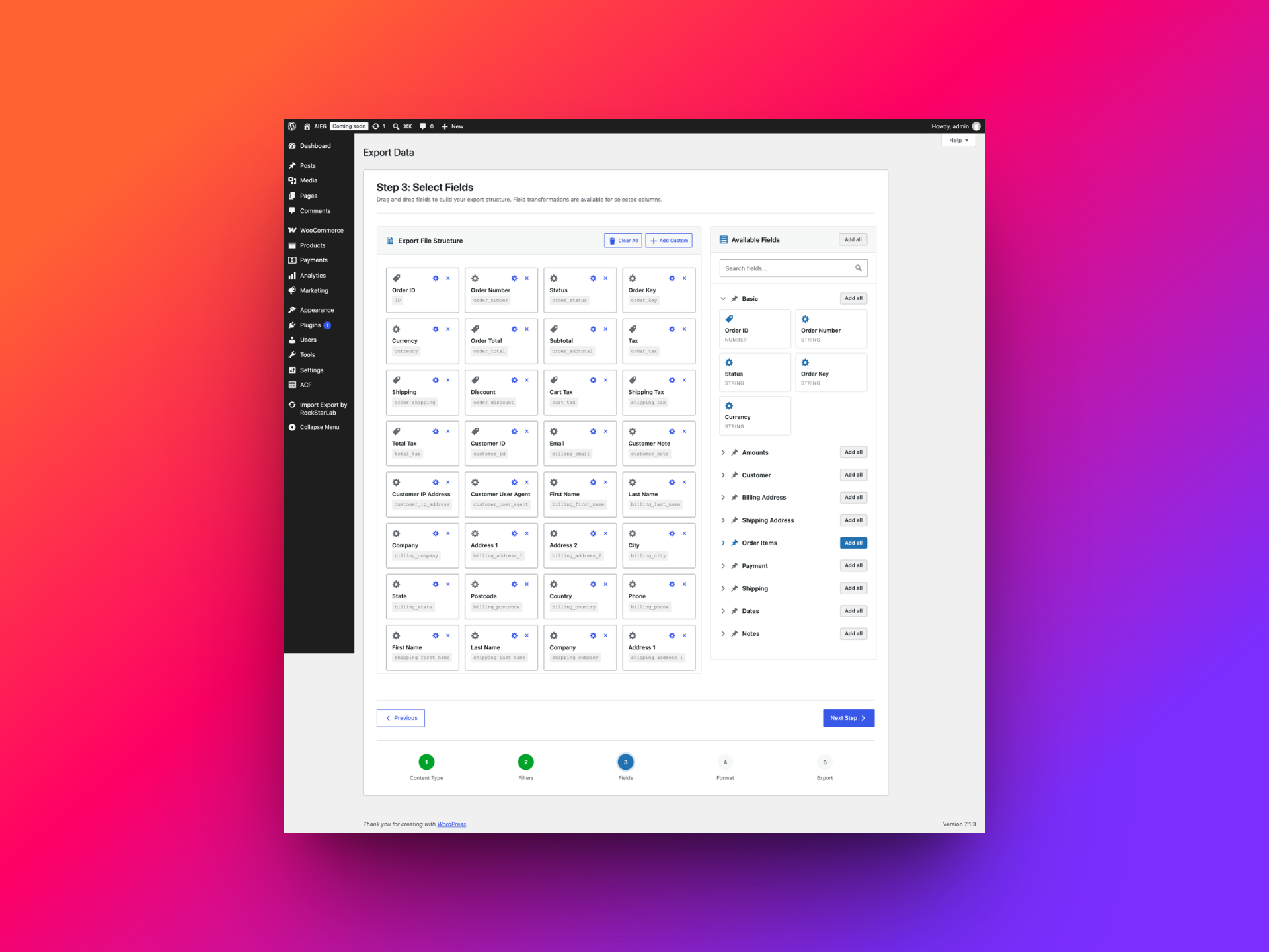 Selected fields for the WooCommerce order export file structure