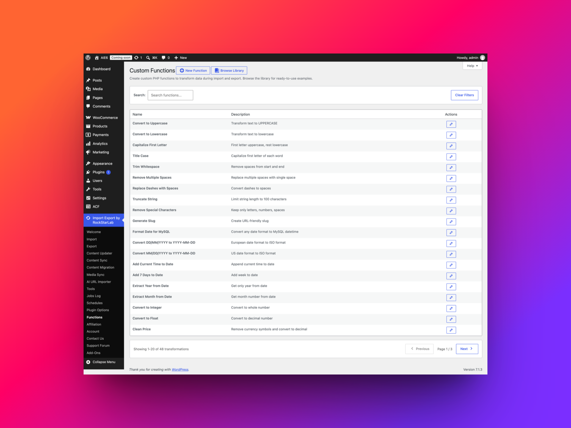 Custom Functions library with built-in transformation snippets