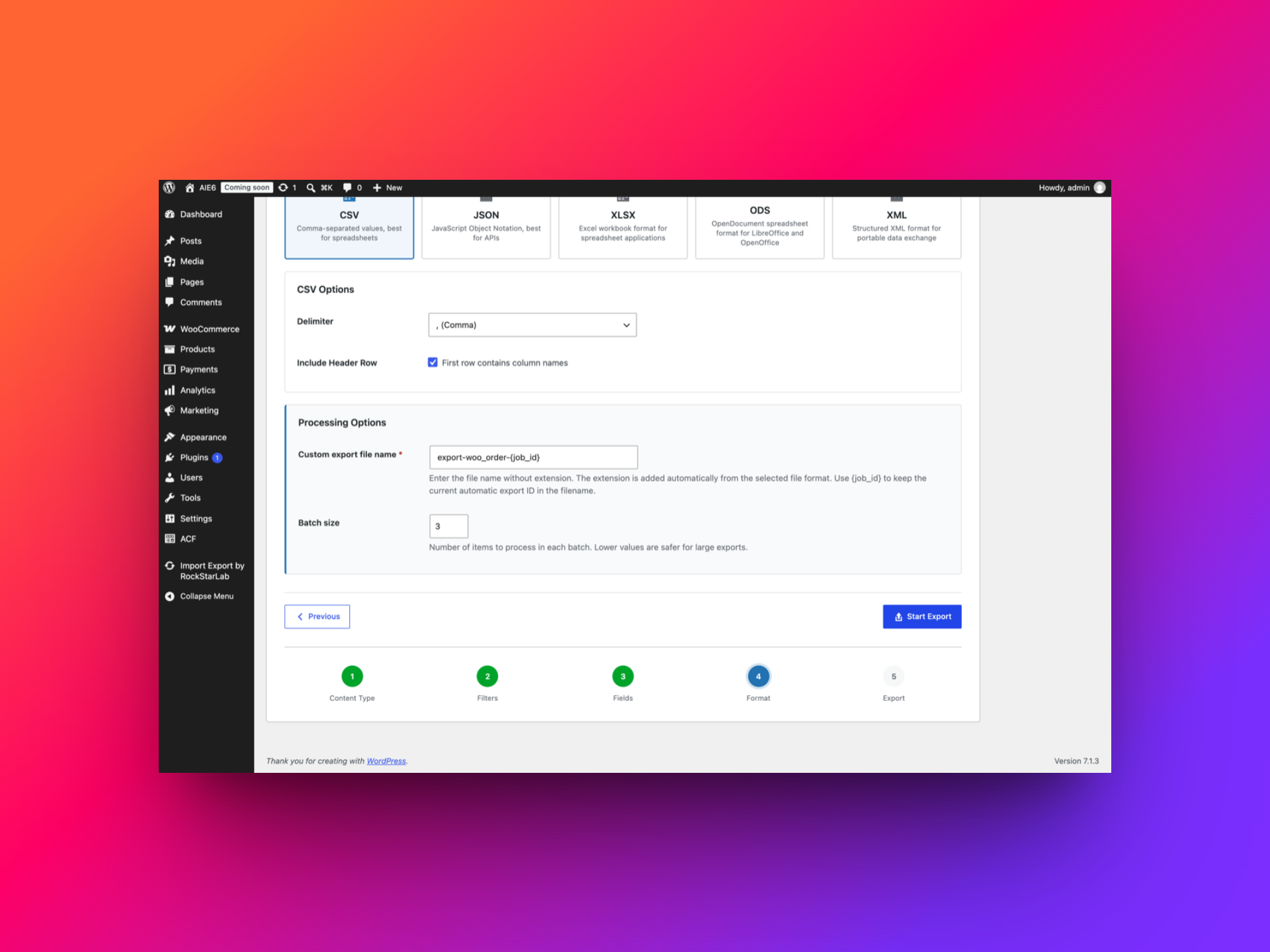 Choosing CSV as the export format for WooCommerce orders