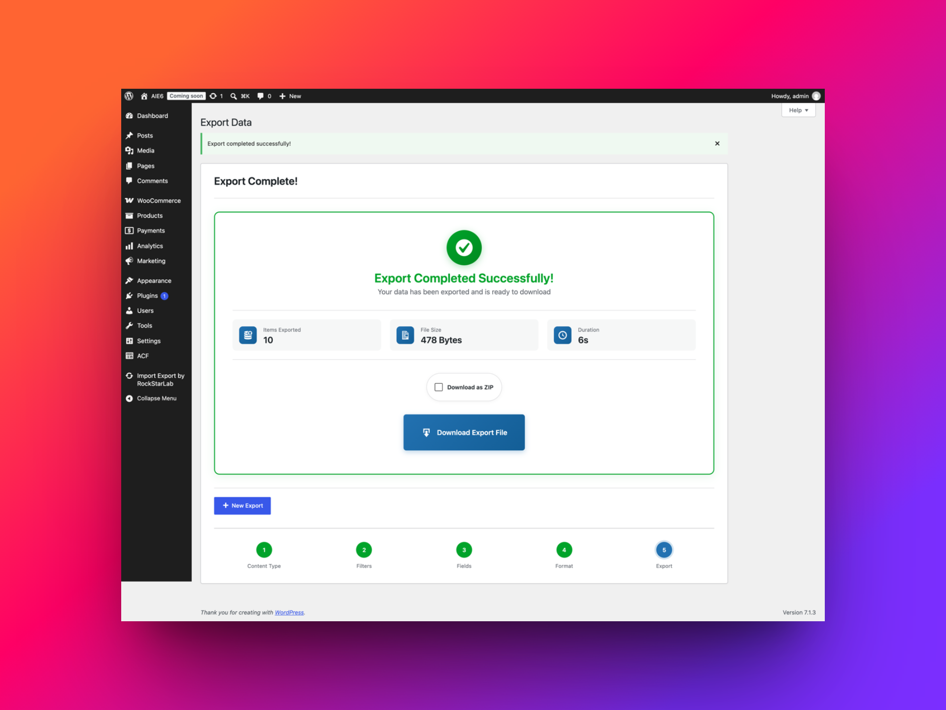 WooCommerce order export completed, ready to download