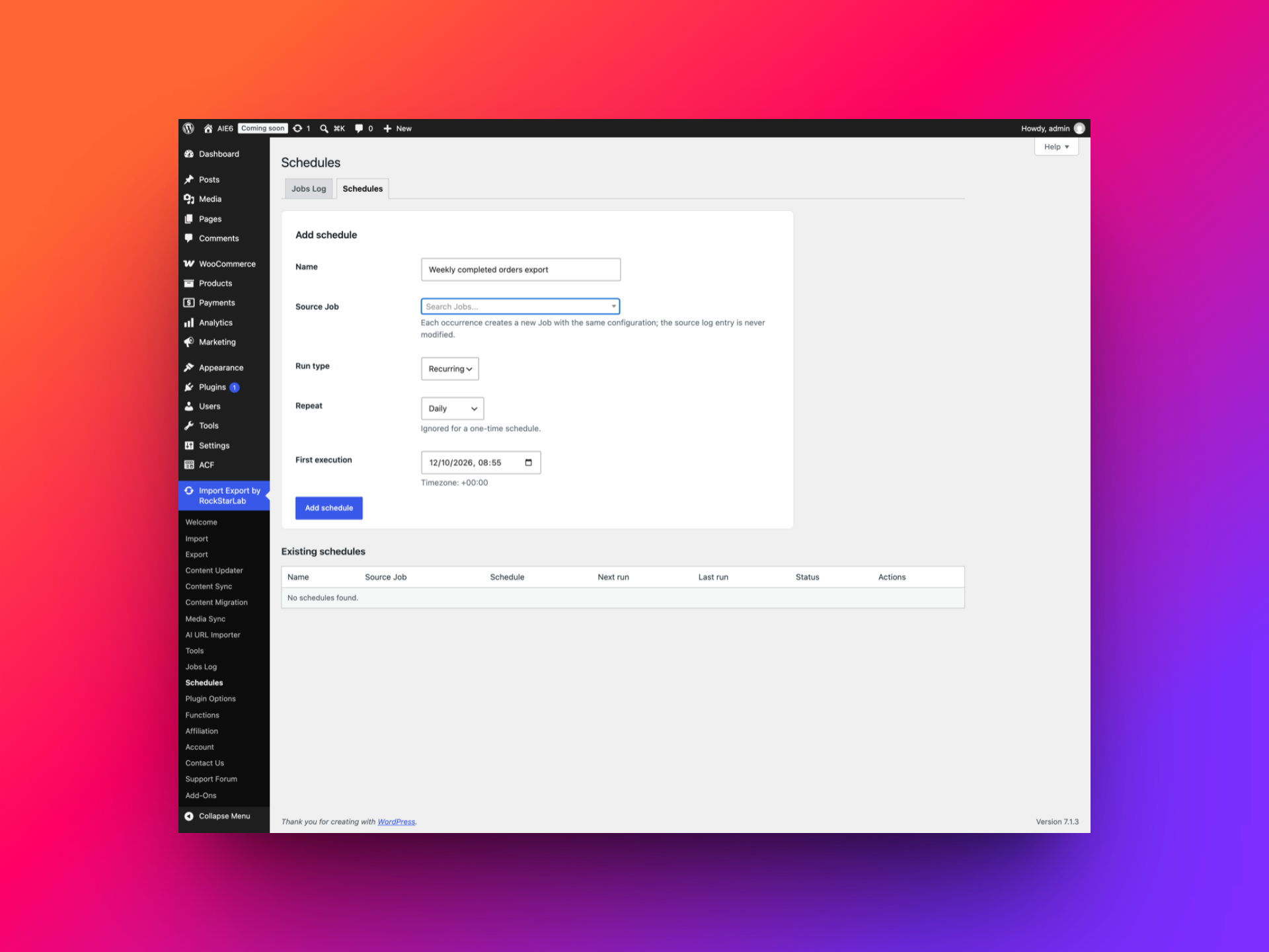 Adding a recurring schedule for a WooCommerce order export job