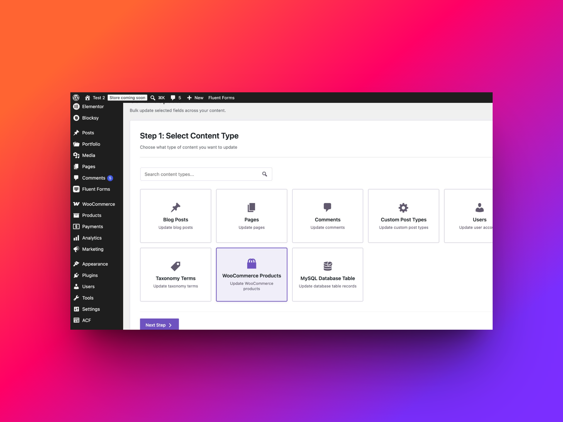 WooCommerce Products selected in the Content Updater wizard