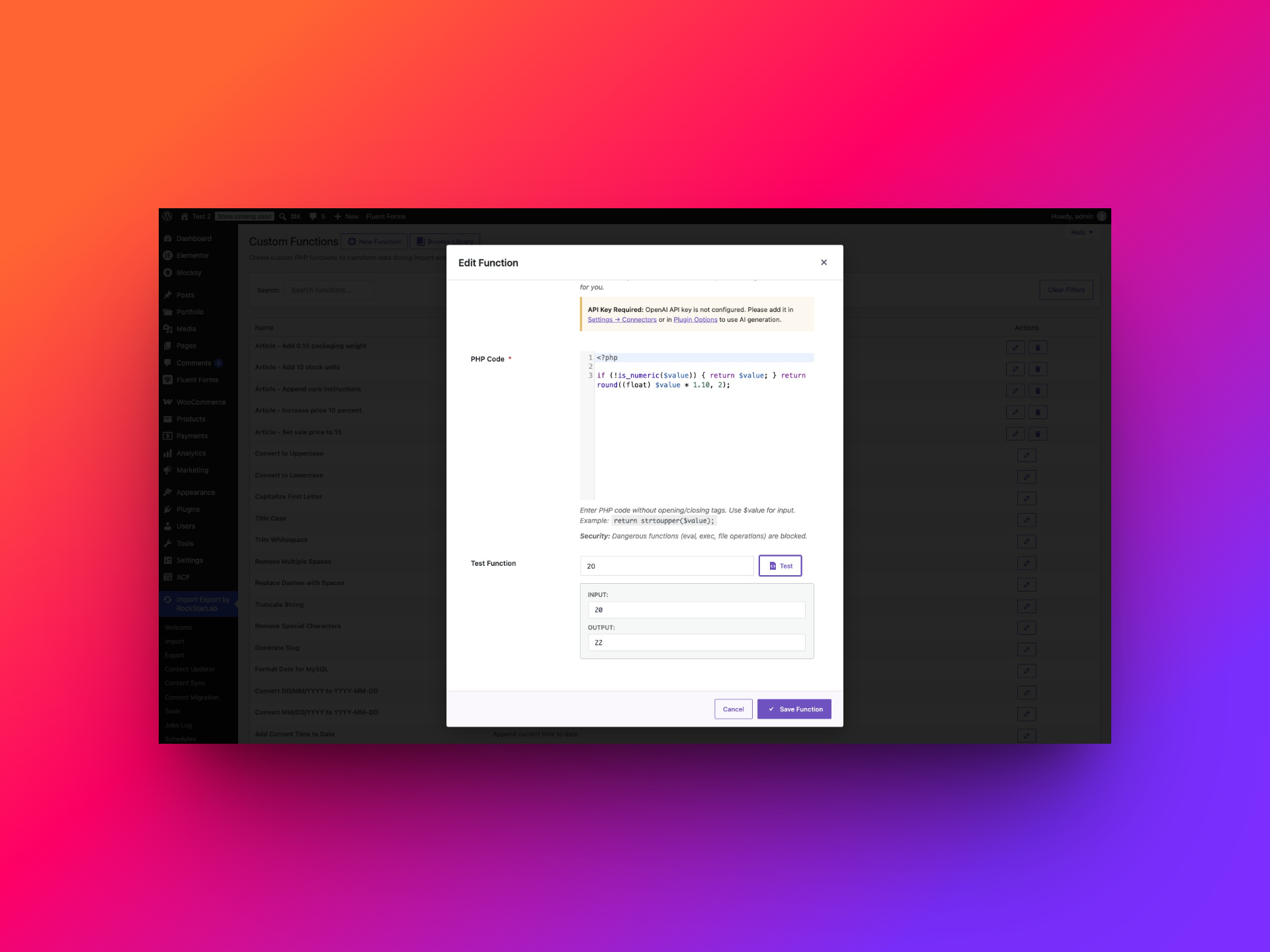 Custom Function editor testing a 10 percent price increase from 20 to 22
