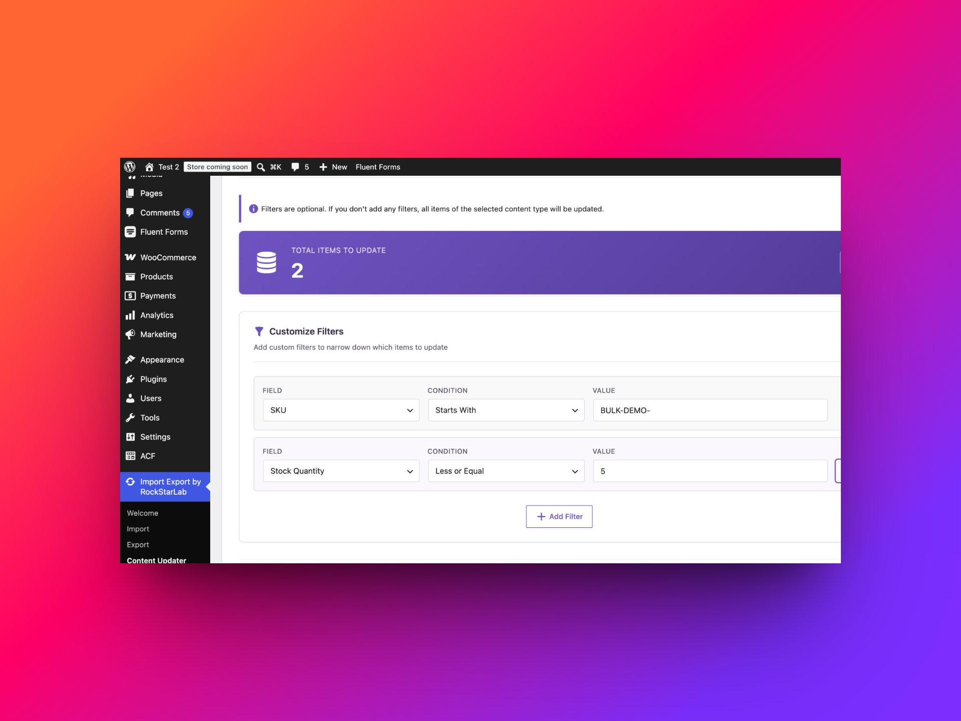 SKU prefix and stock quantity at most five select two WooCommerce products