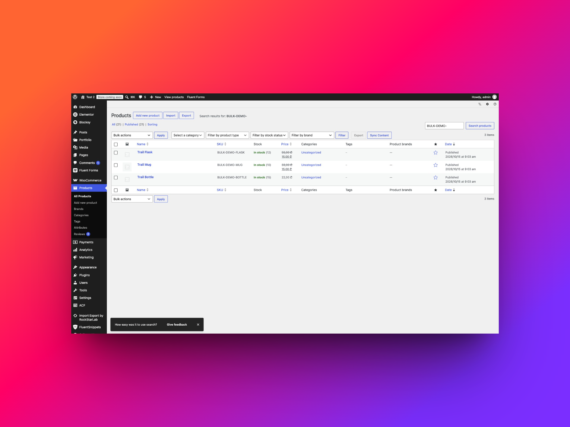 WooCommerce product list showing updated prices and stock for the three test products