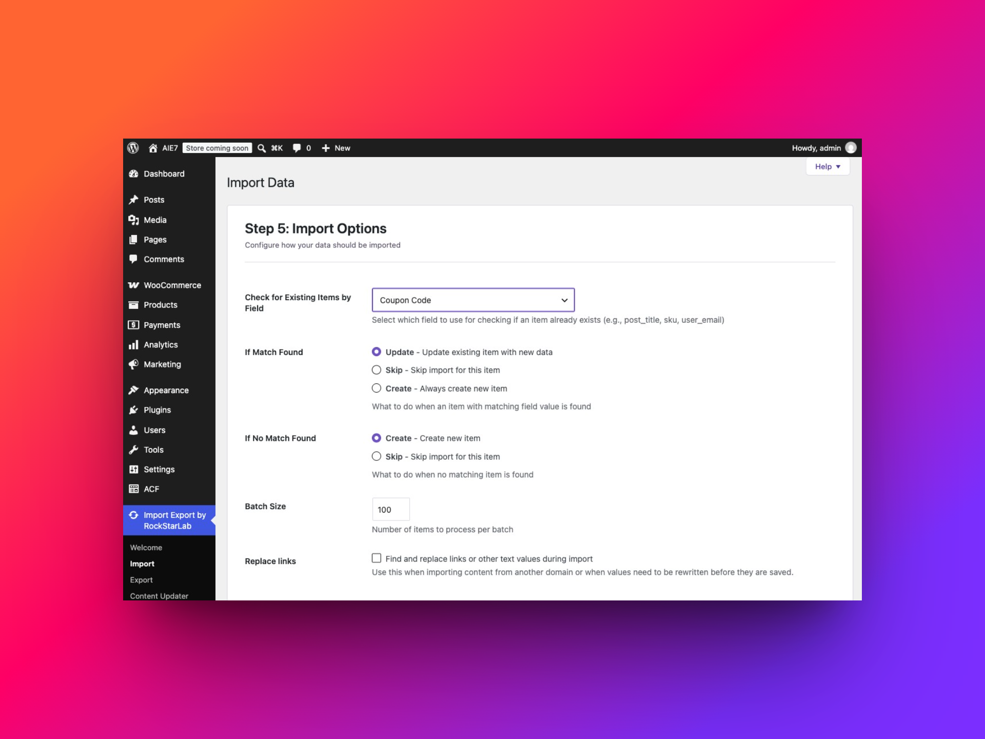 Coupon import matching by Coupon Code with Update for matches and Create for new codes
