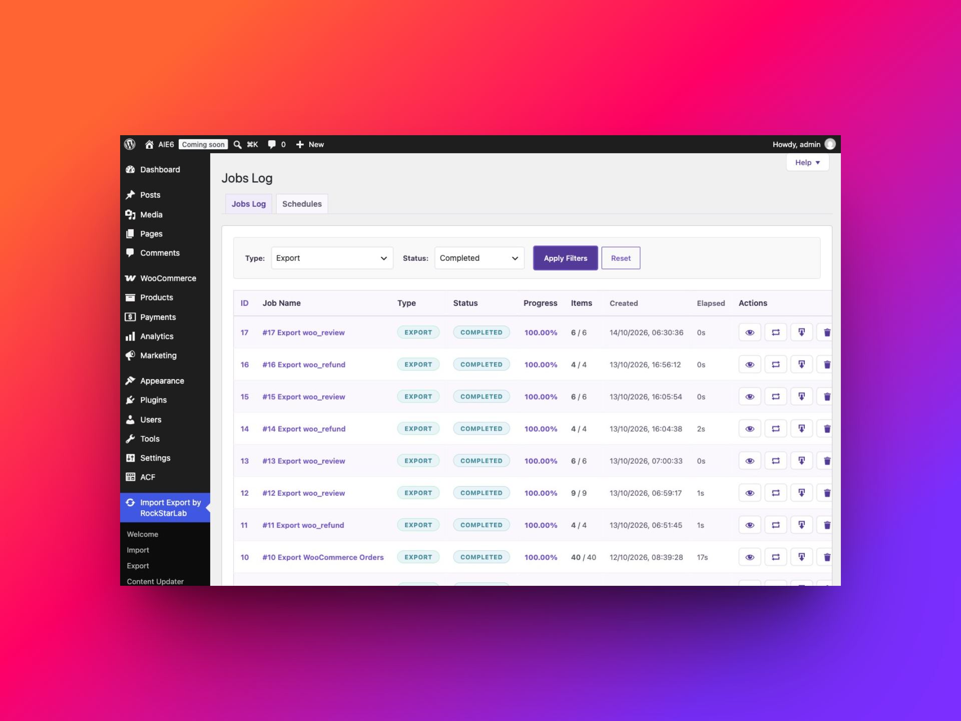 Jobs Log listing the completed WooCommerce refund and review export jobs