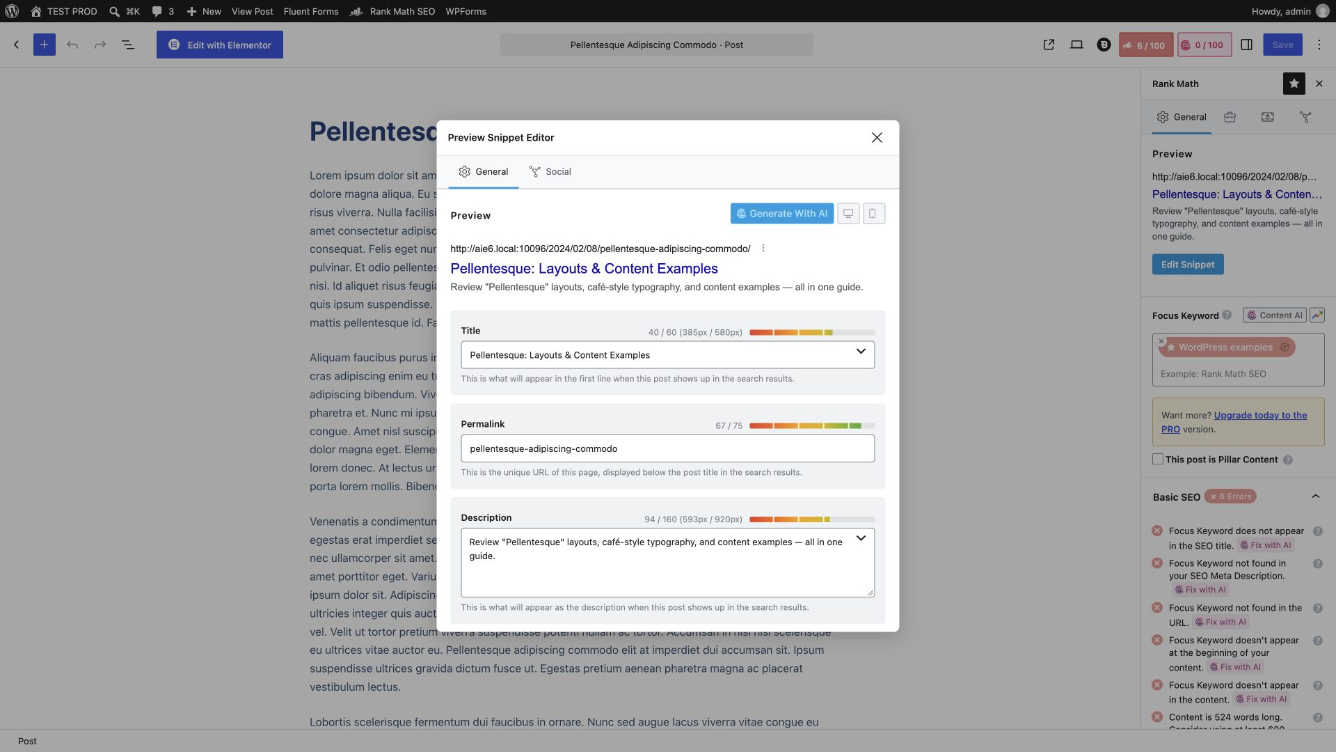 Rank Math snippet editor showing a custom SEO title and description containing quotes and accented text.