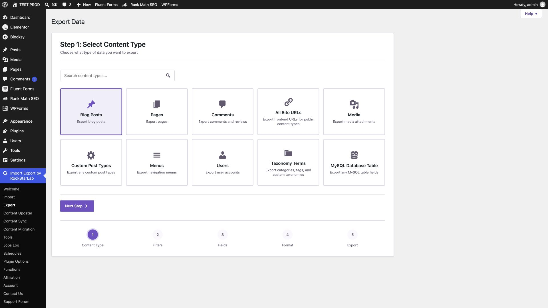 Import Export by RockStarLab export wizard with Blog Posts selected.