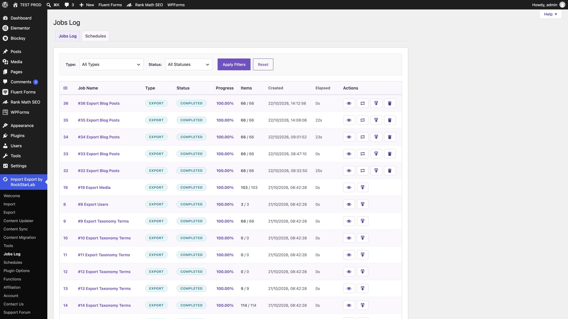 Jobs Log showing completed UI and AI exports with 66 of 66 posts each.
