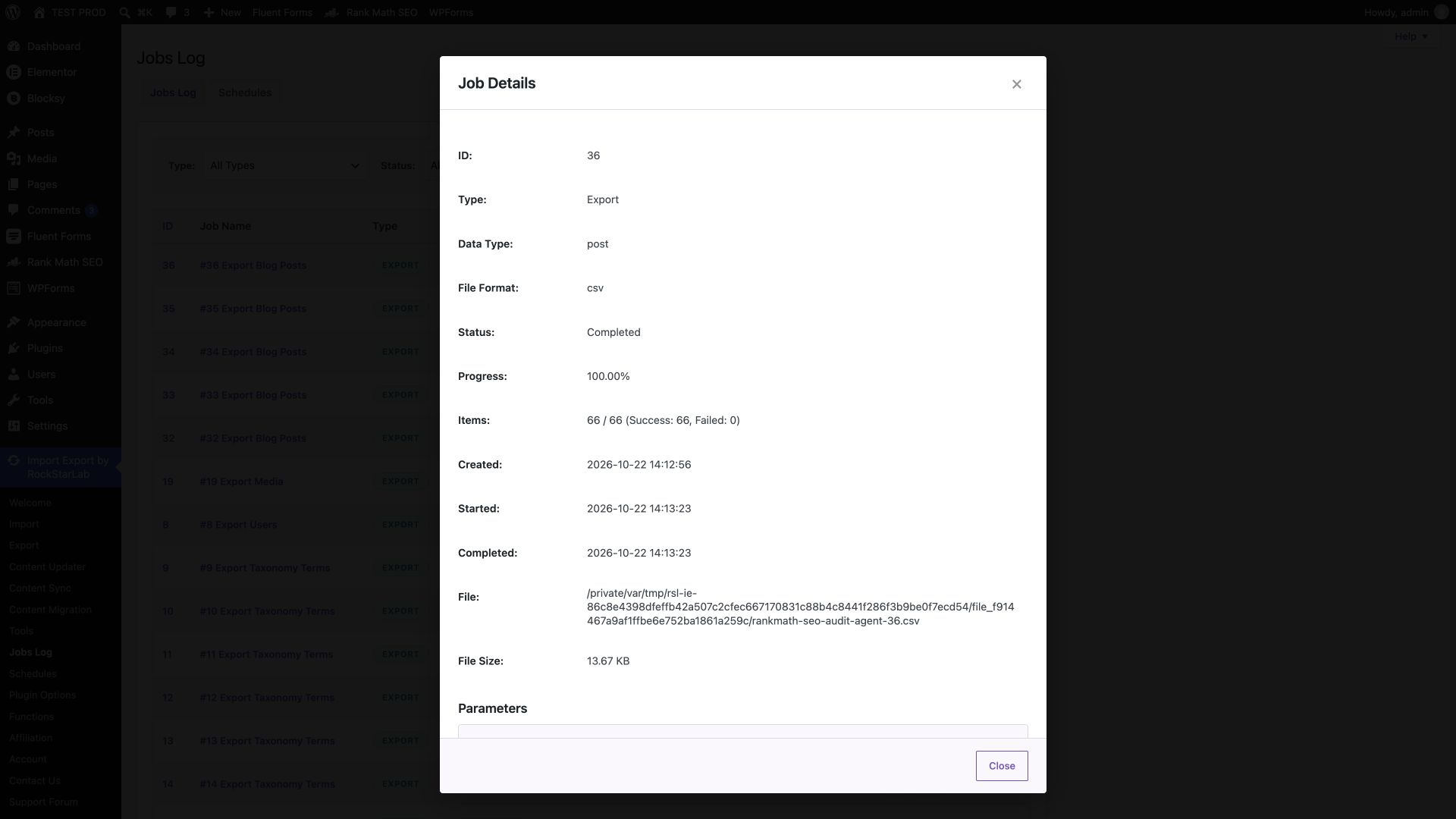 WordPress job details for the agent-created Rank Math CSV export with 66 successes and zero failures.