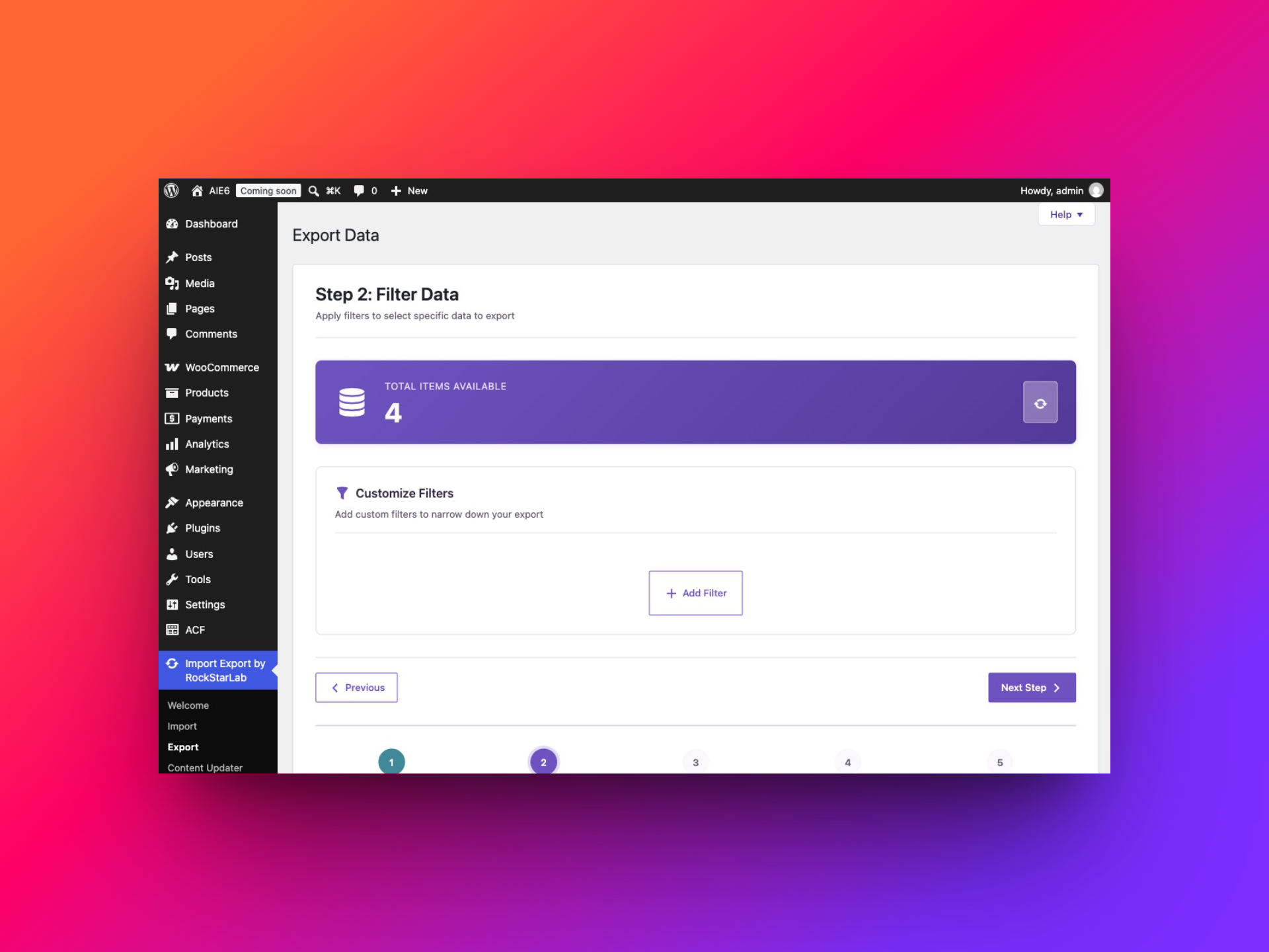 Refund export filter screen with no filters and four available records