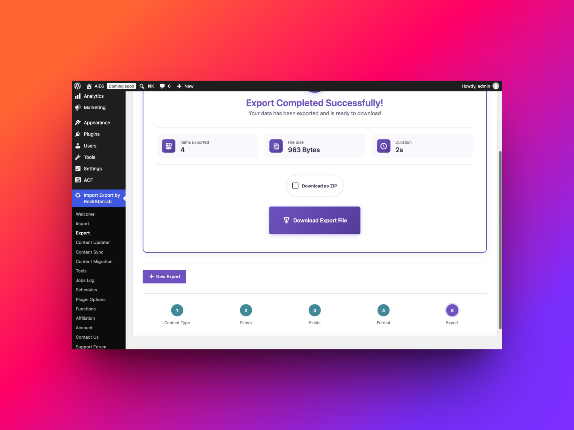 Completed export of four WooCommerce refunds with a download button