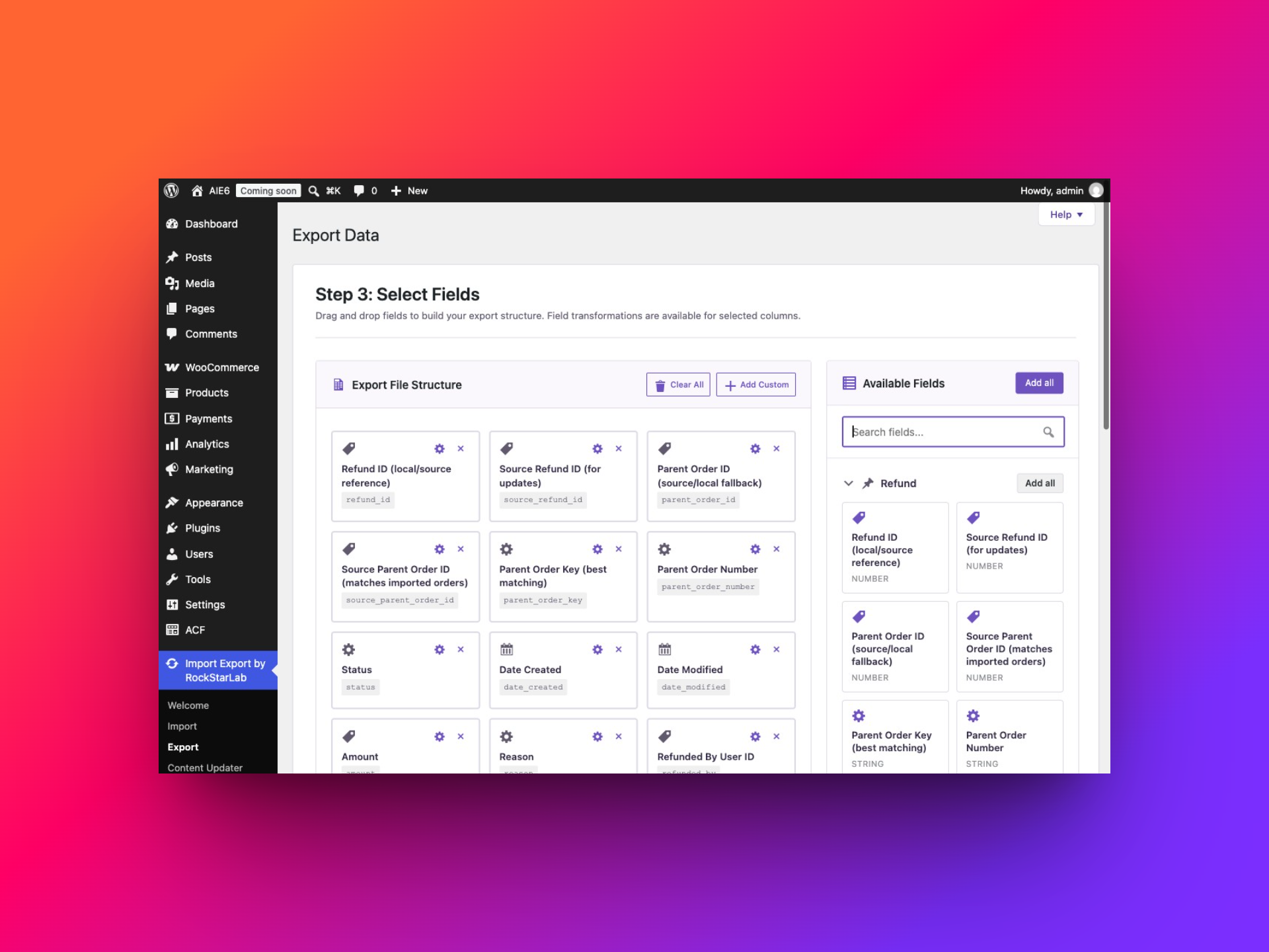 WooCommerce refund fields added to the Export File Structure
