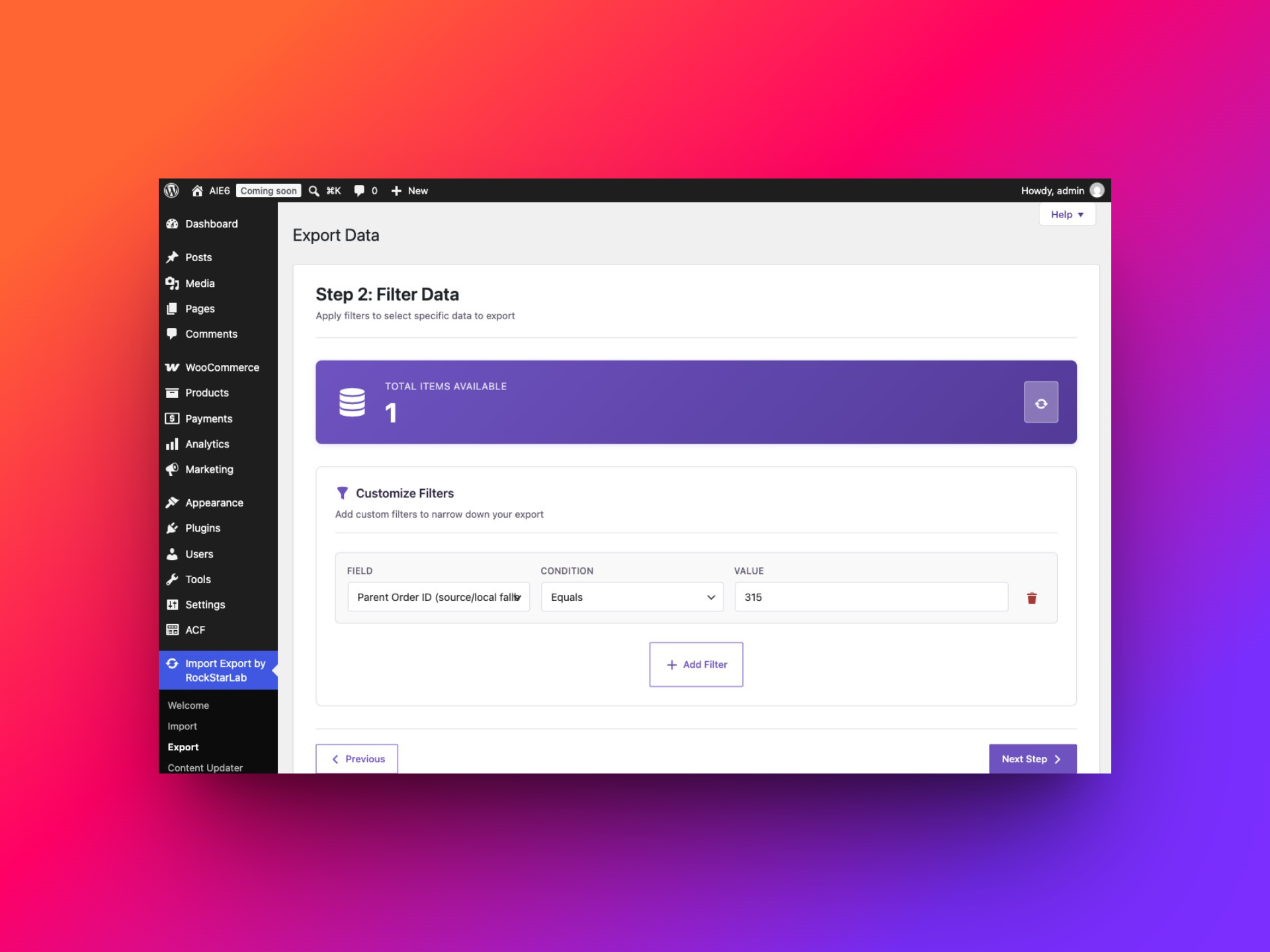 Parent Order ID equals 315 with one matching WooCommerce refund
