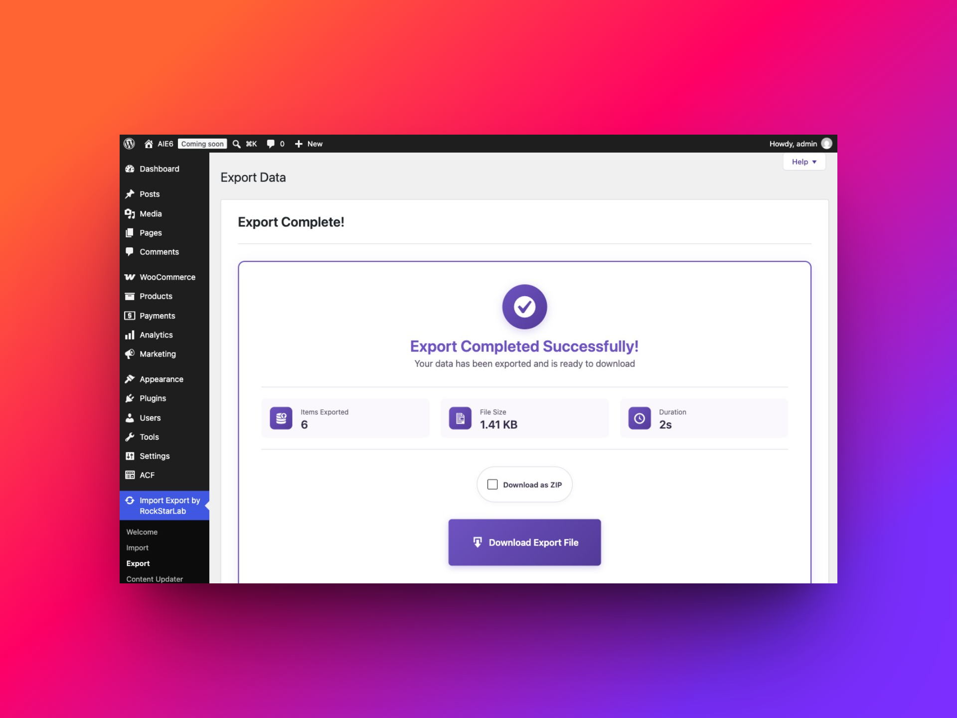 Successful WooCommerce review export showing six exported items