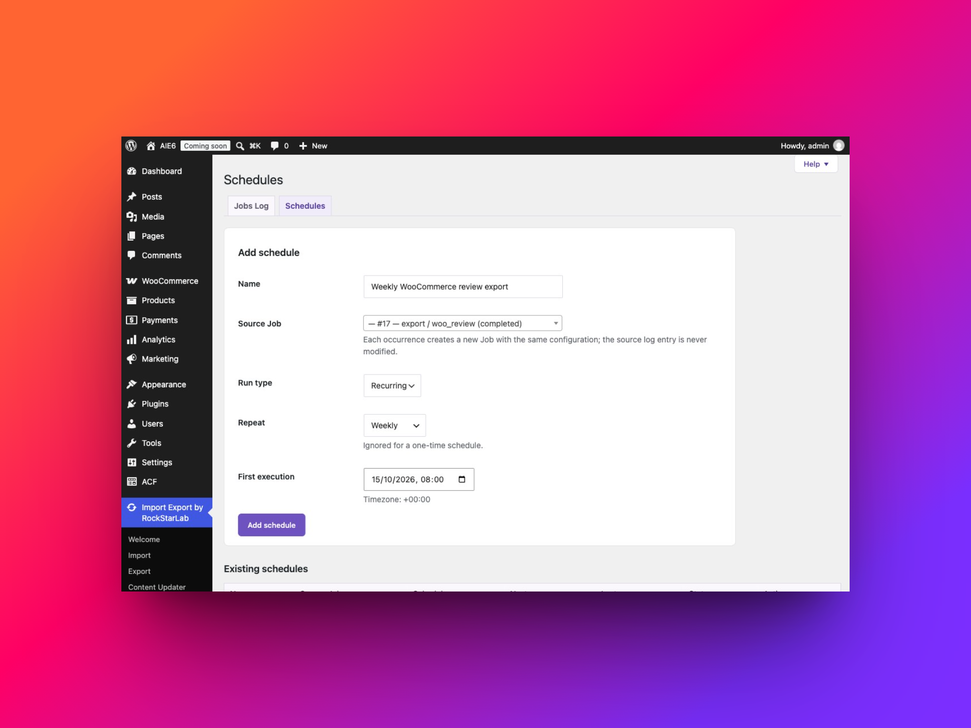 Recurring WooCommerce reviews export schedule configured with a completed source job