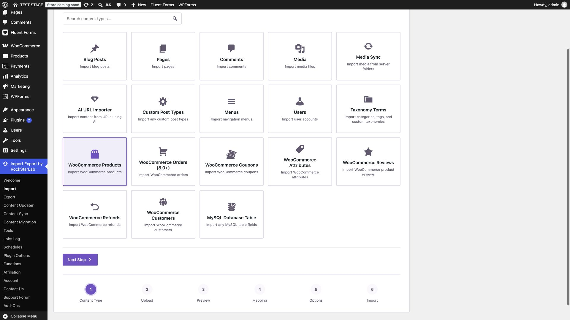 WooCommerce Products selected in the RockStarLab import wizard