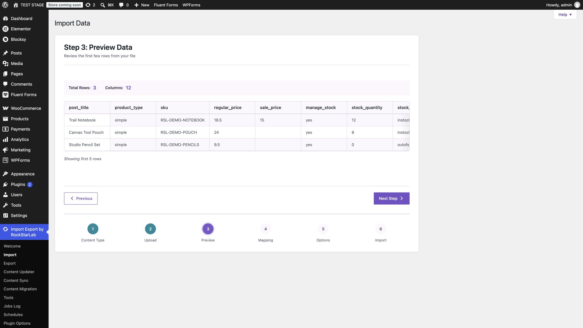 Excel import preview showing three WooCommerce product rows
