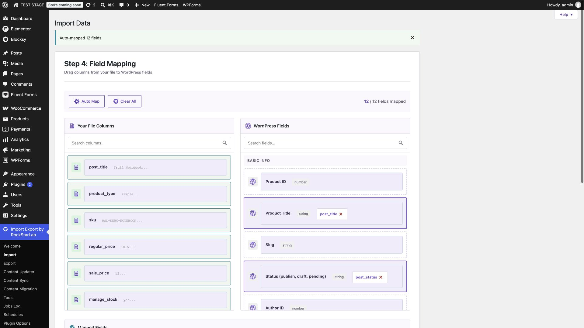 Source spreadsheet columns mapped to WooCommerce product fields
