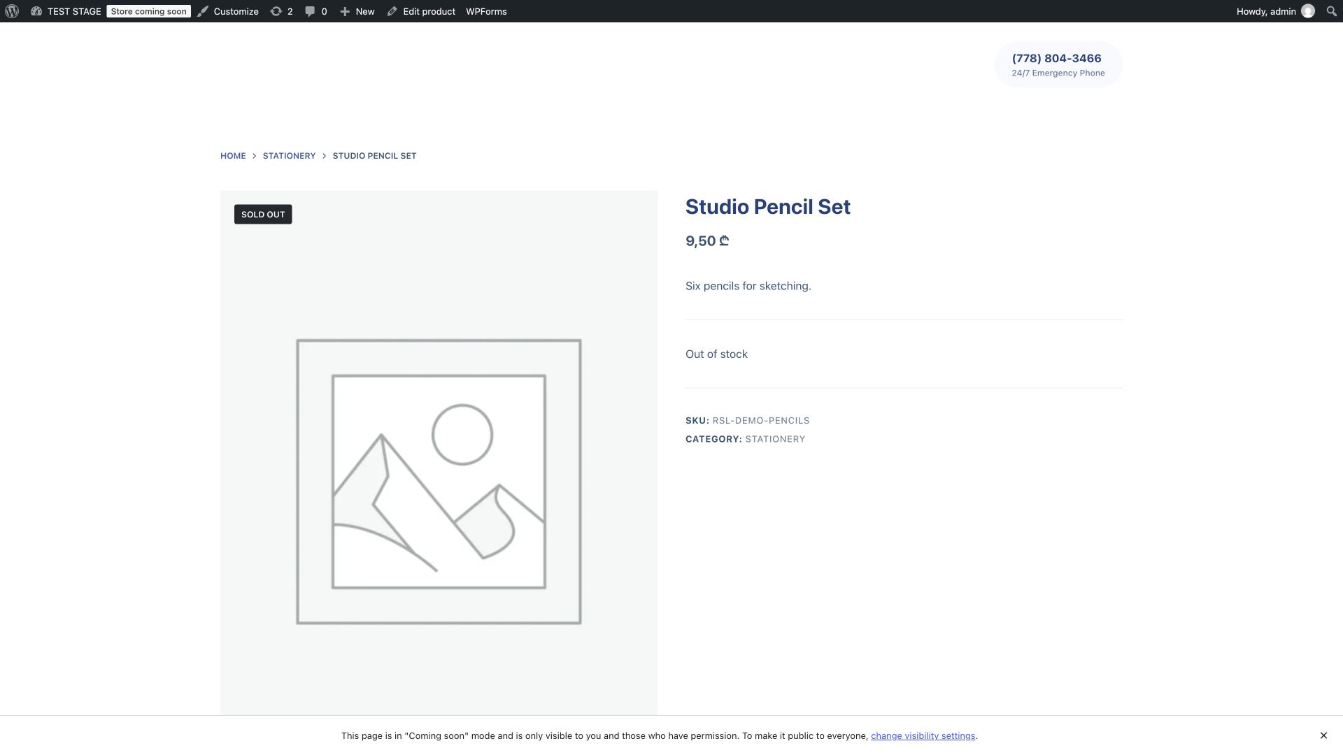Studio Pencil Set product page displaying Out of stock and price 9.50 GEL