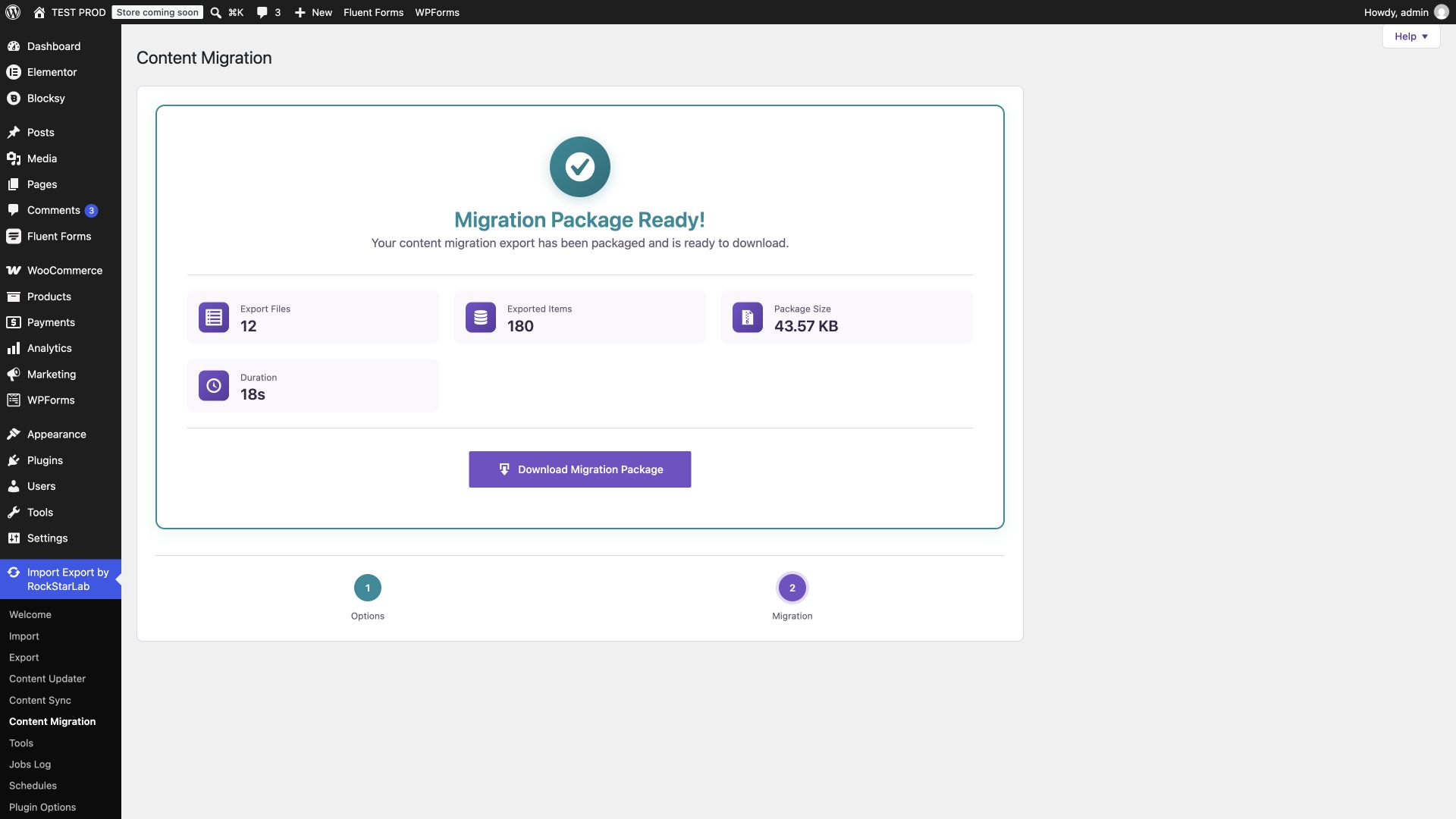 Migration Package Ready screen showing 12 export files, 180 exported items, and a 43.57 KB ZIP