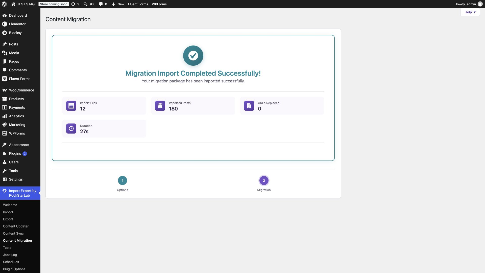 Successful destination migration completion showing 12 imported files and 180 imported items