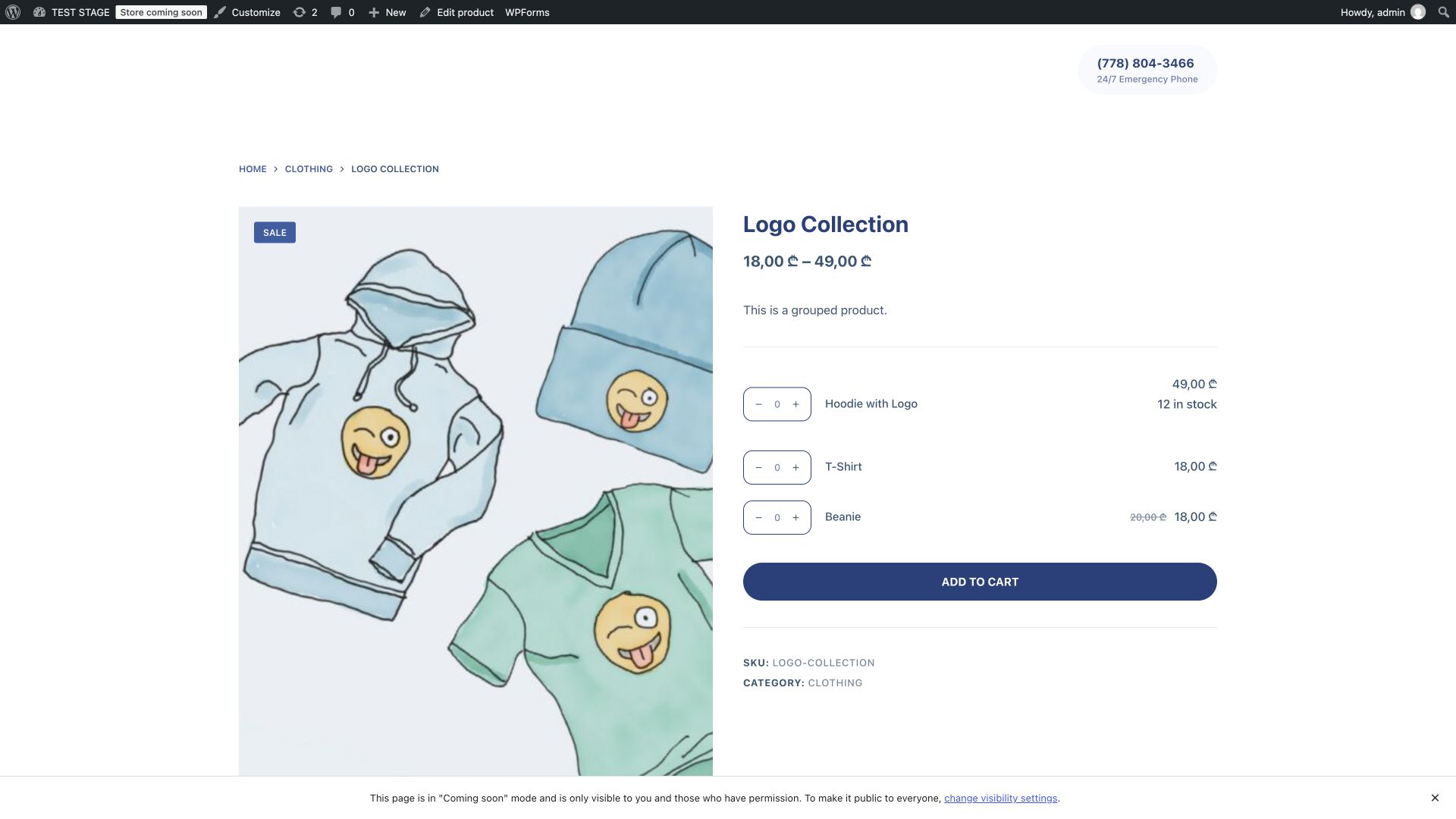 Migrated Logo Collection storefront showing Hoodie with Logo, T-Shirt, and Beanie as its three grouped products