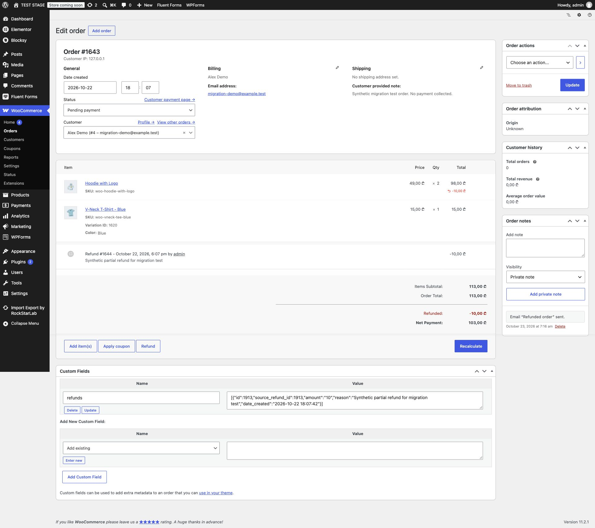 Destination WooCommerce order 1643 with the correct customer, product links, blue variation, 113 GEL total, and 10 GEL refund