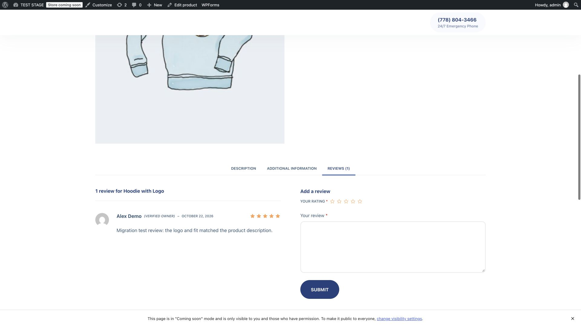 Hoodie with Logo Reviews tab showing Alex Demo's migrated five-star review and verified-owner label