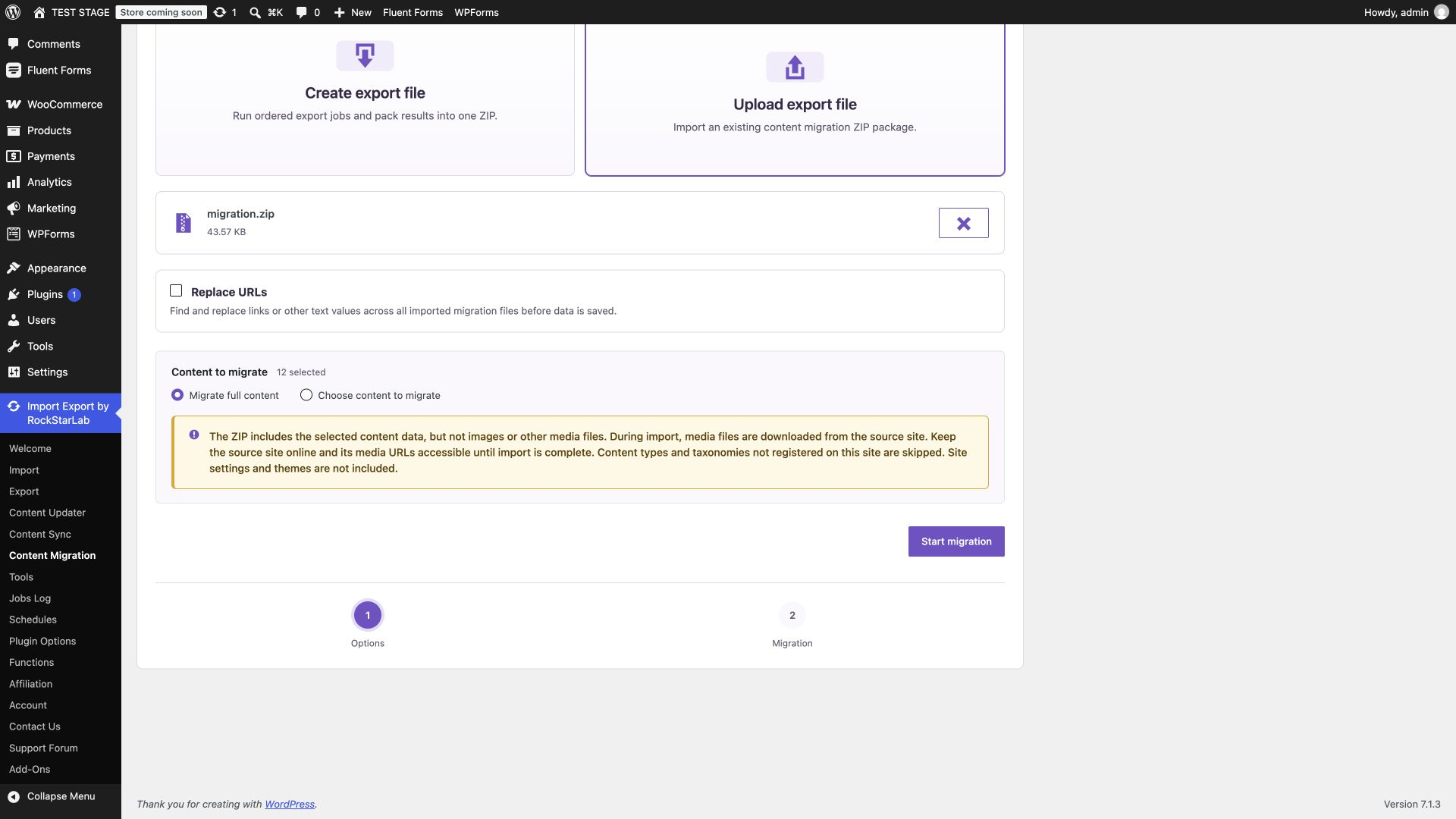 Destination Content Migration screen with migration.zip uploaded and all 12 package steps selected