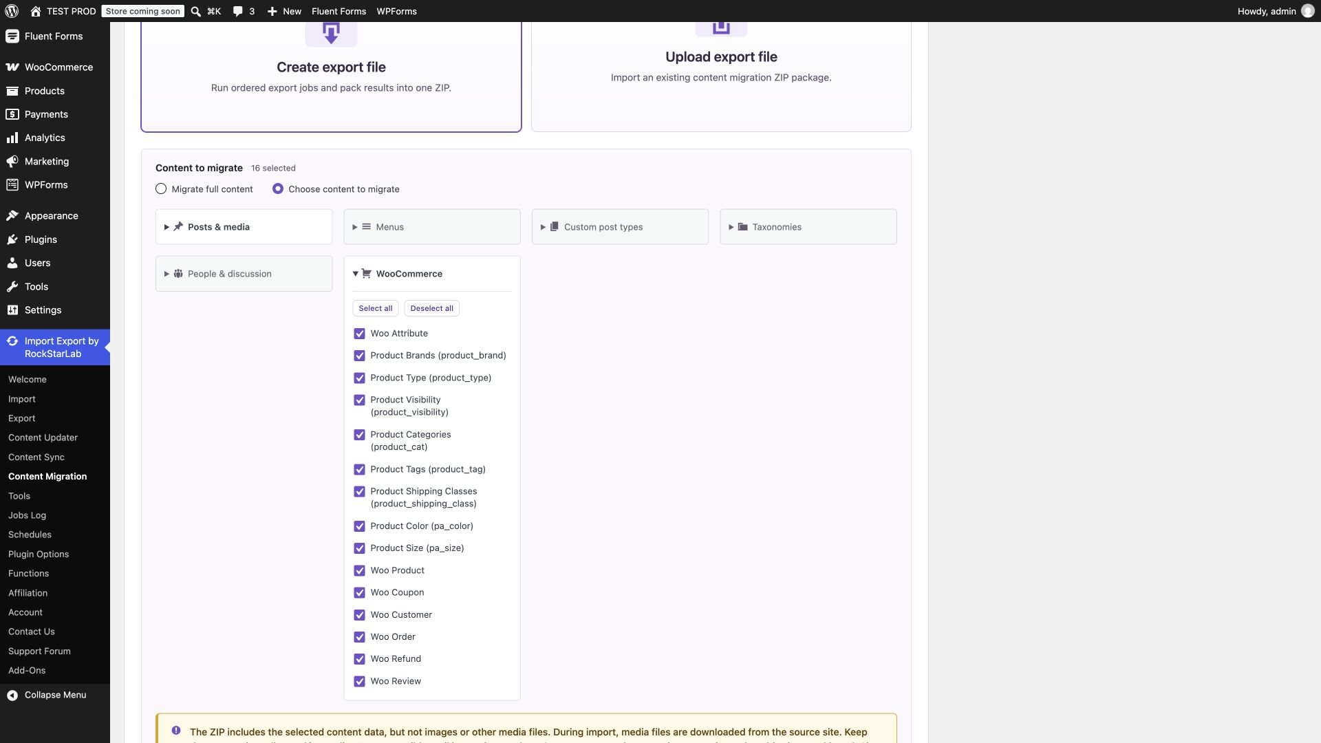 Content Migration export selection with Media and WooCommerce content types chosen