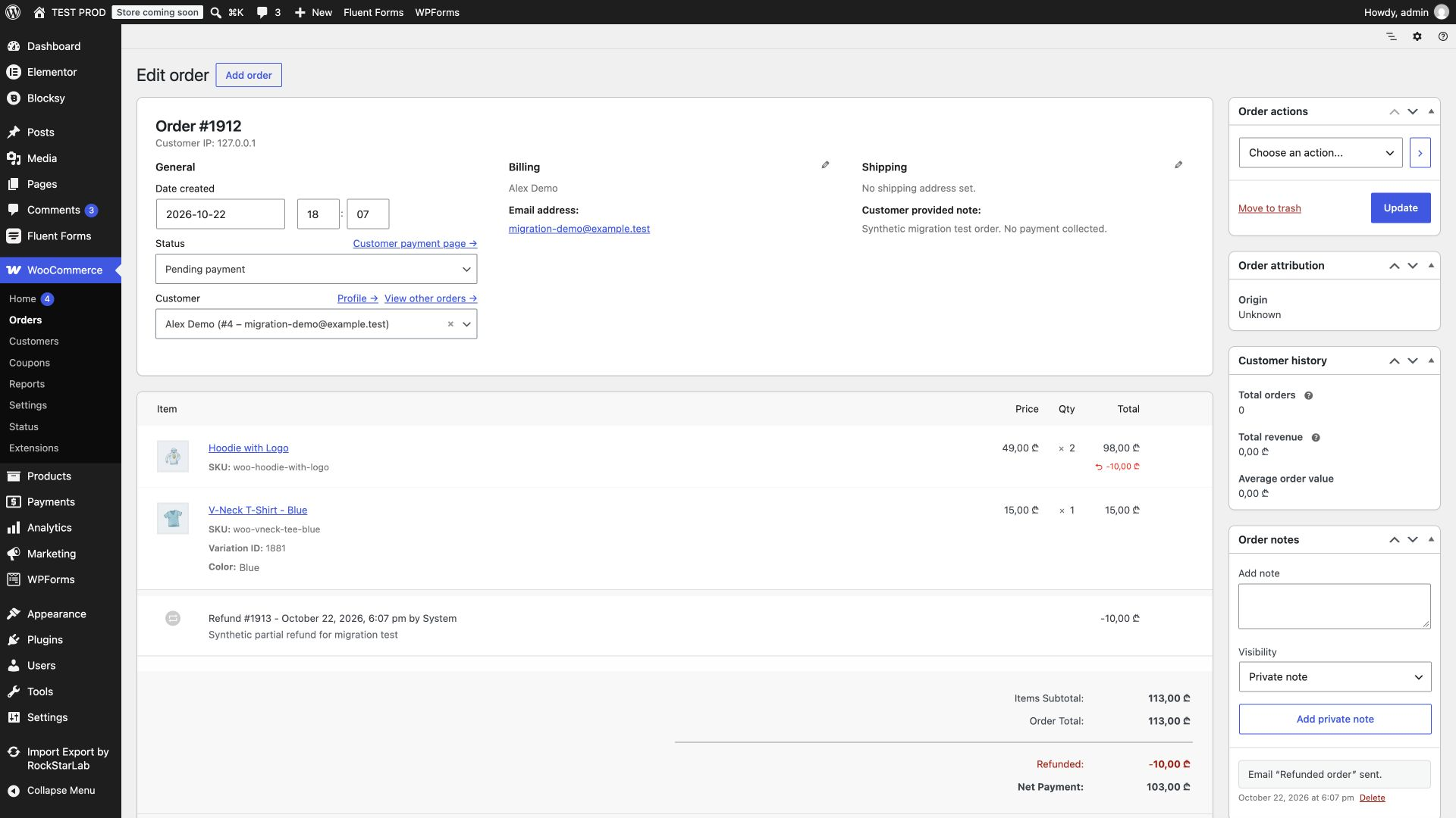 Source WooCommerce order with Alex Demo, a hoodie, a blue T-shirt variation, and a partial refund