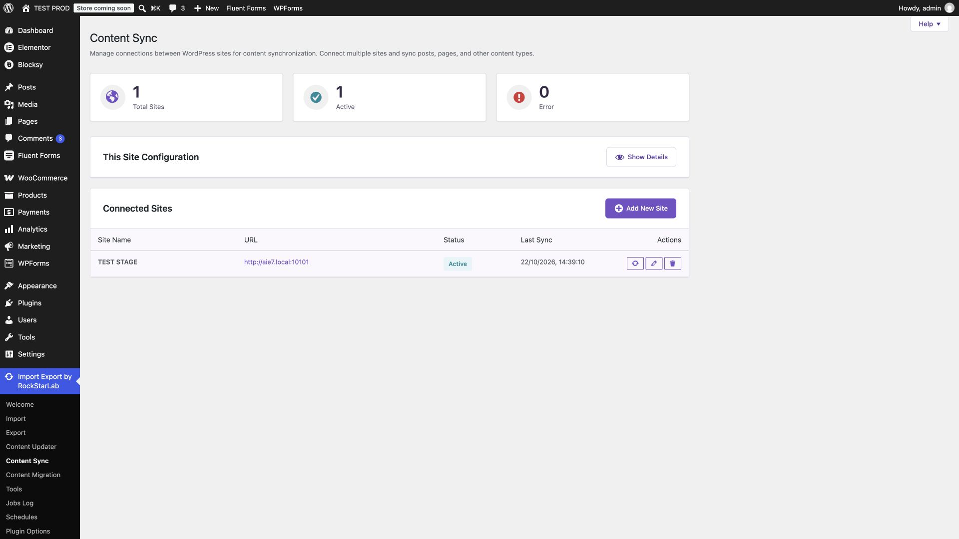 Content Sync on the source WordPress site showing the connected TEST STAGE destination.