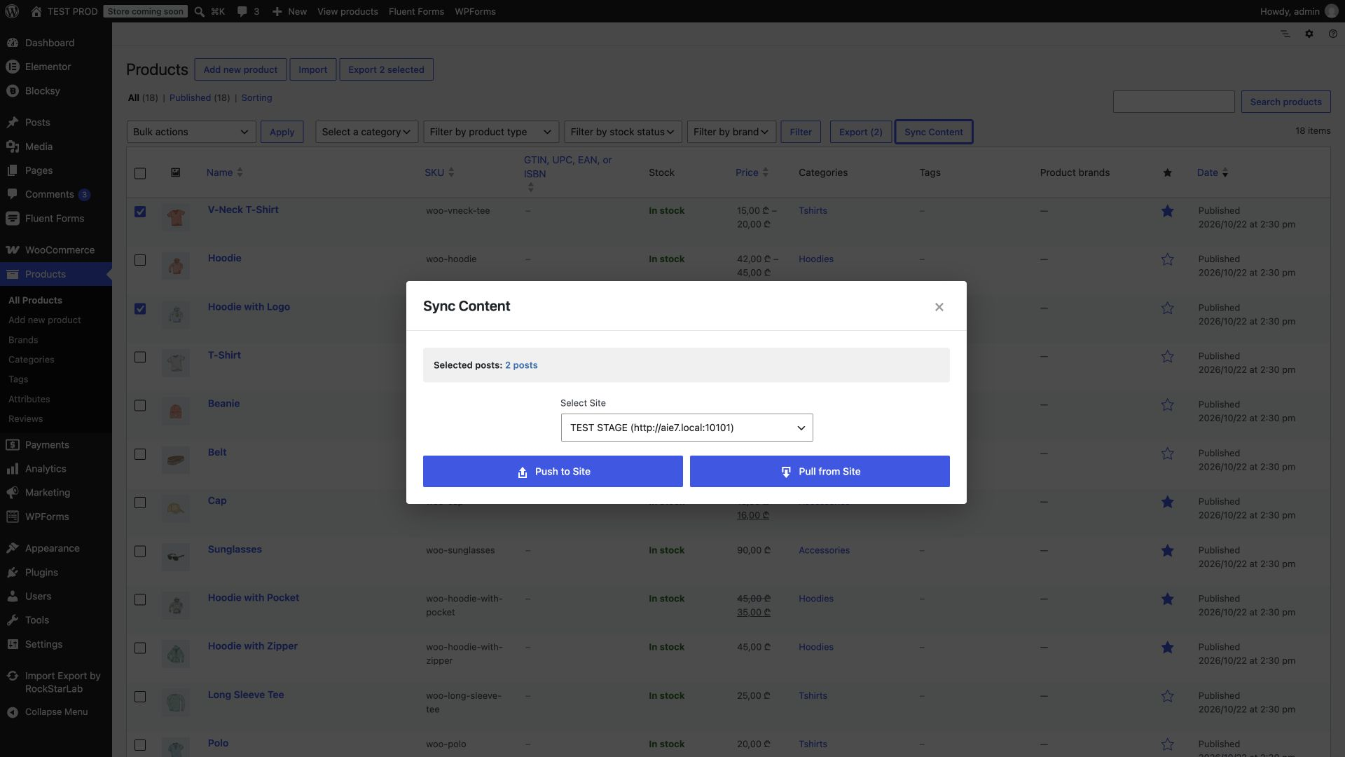 Content Sync dialog with the destination selector and Push to Site option.