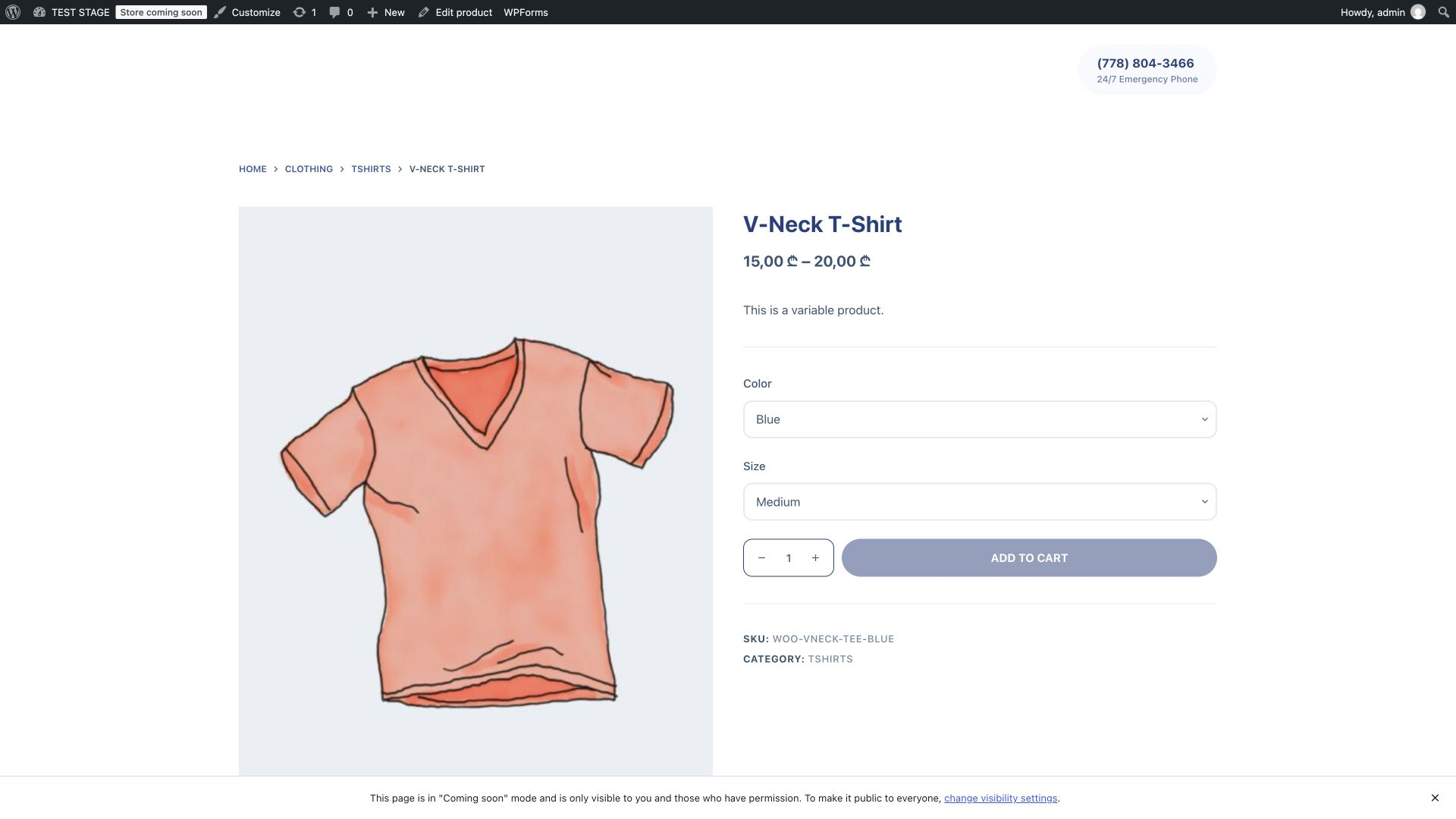 Destination V-Neck T-Shirt storefront with product gallery and Blue and Medium options selected.