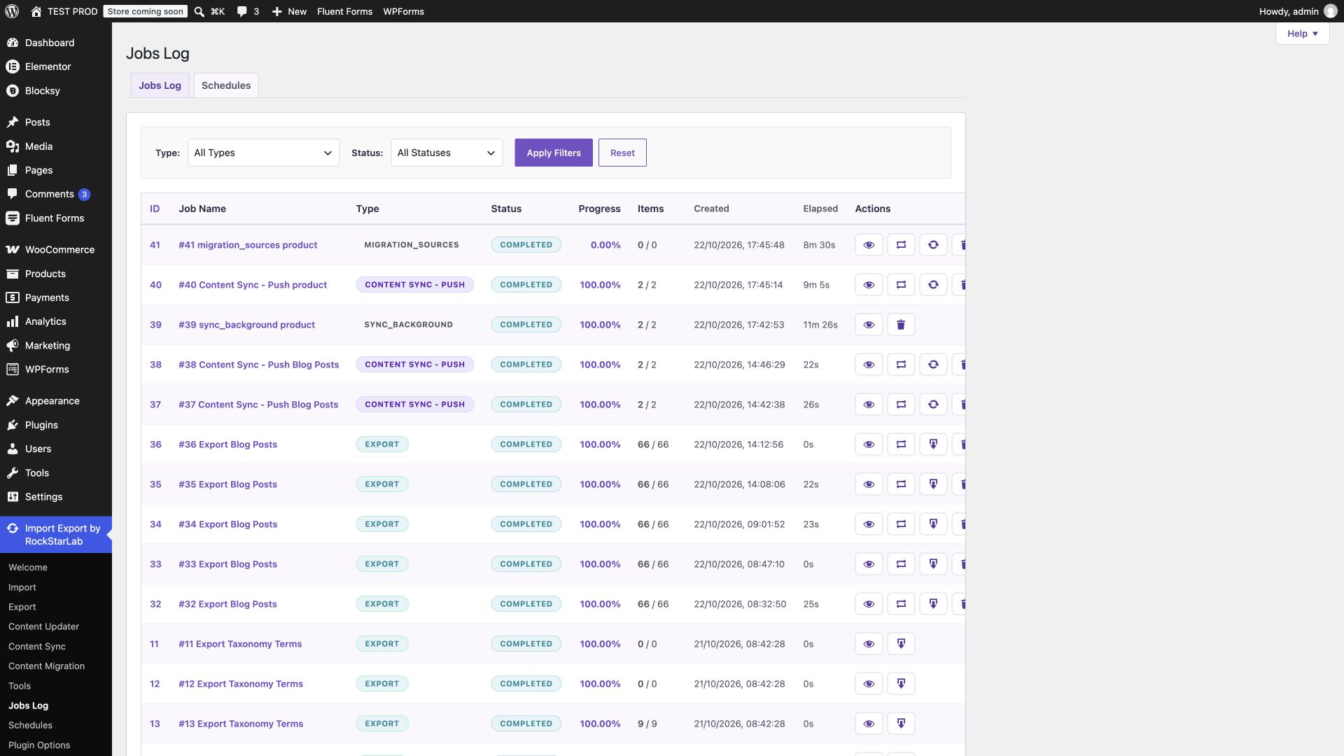 Jobs Log showing completed background sync job 39 and associated product transfer history job 40, each with two of two products.